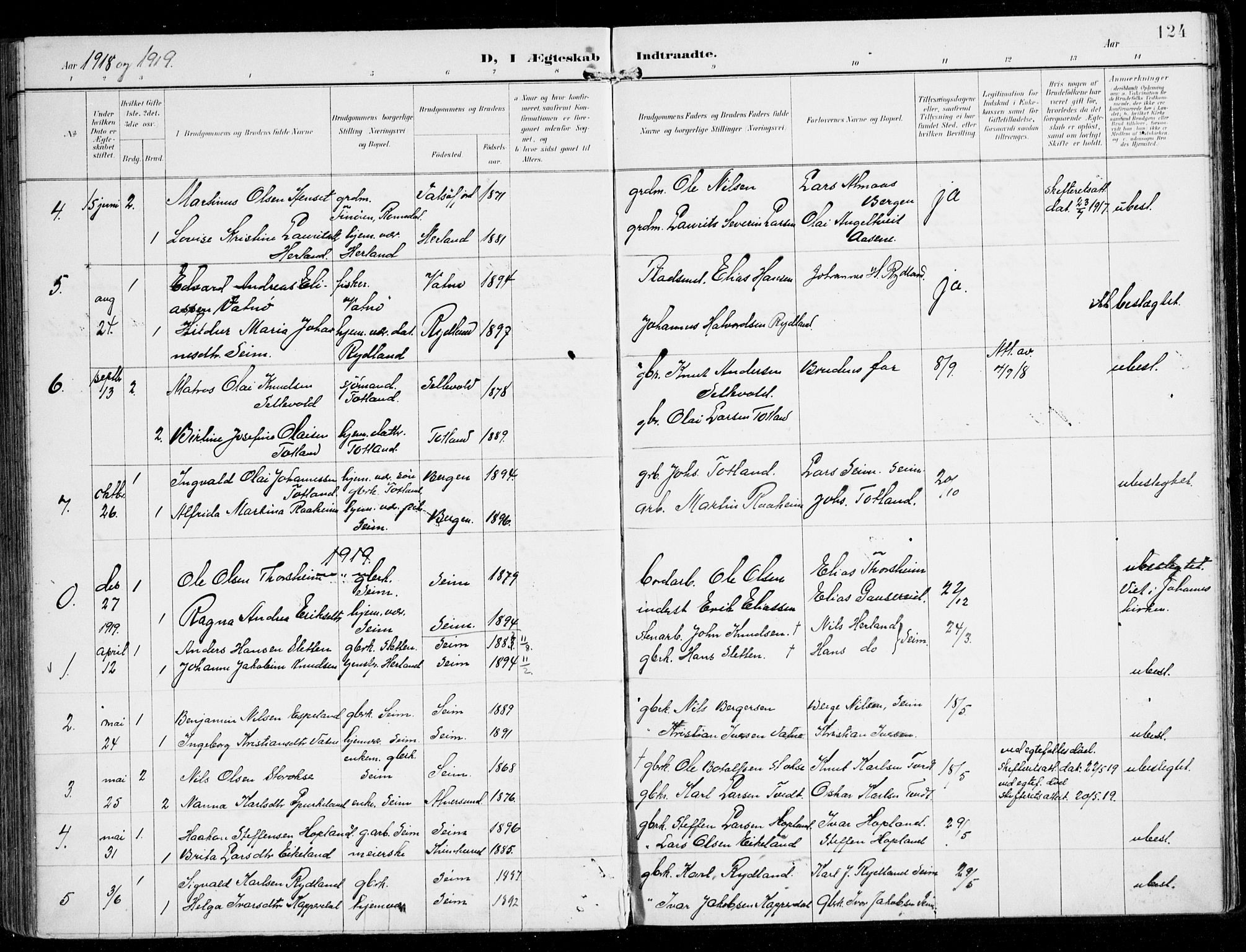 Alversund Sokneprestembete, AV/SAB-A-73901/H/Ha/Haa/Haad/L0004: Parish register (official) no. D 4, 1898-1926, p. 124