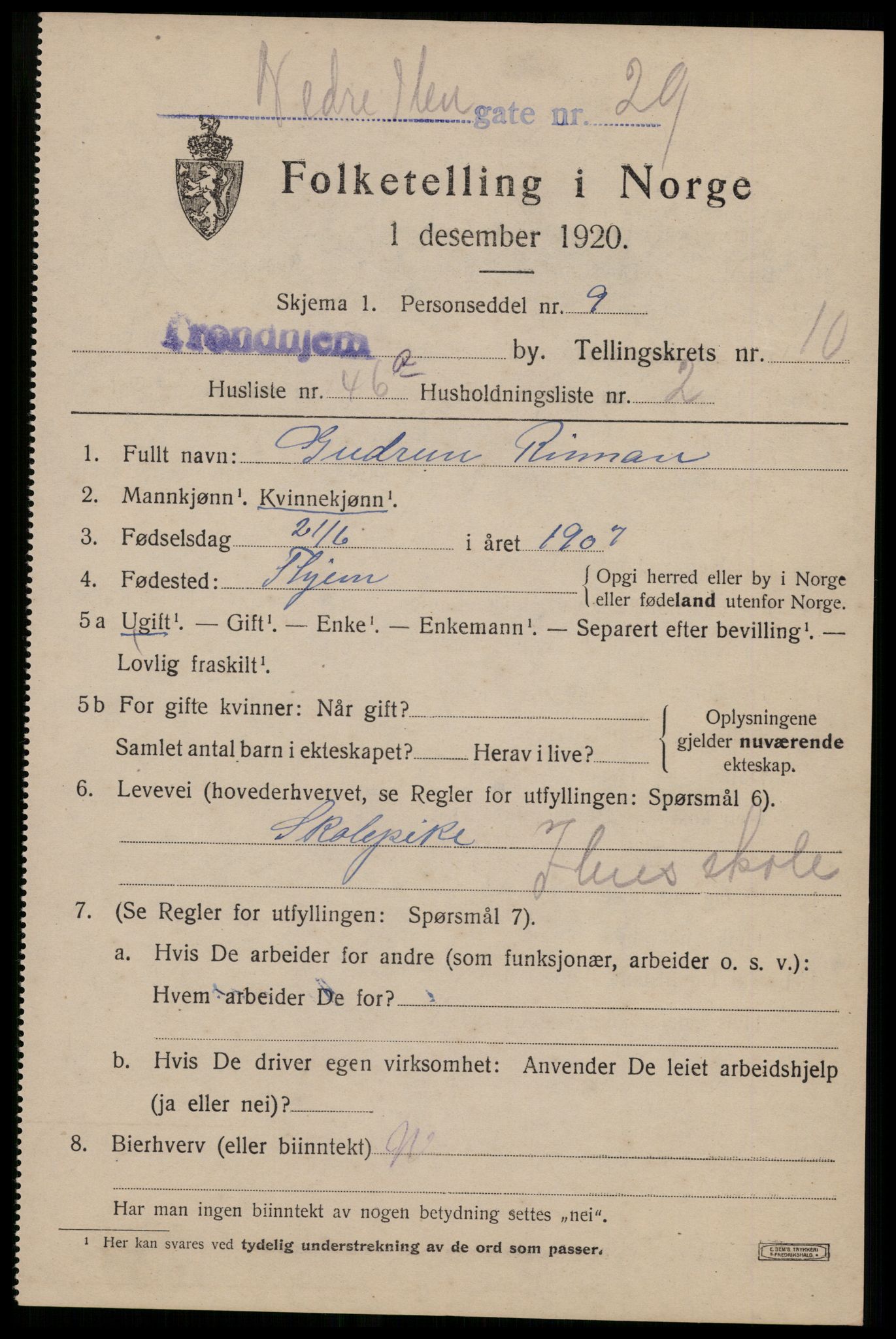 SAT, 1920 census for Trondheim, 1920, p. 46070