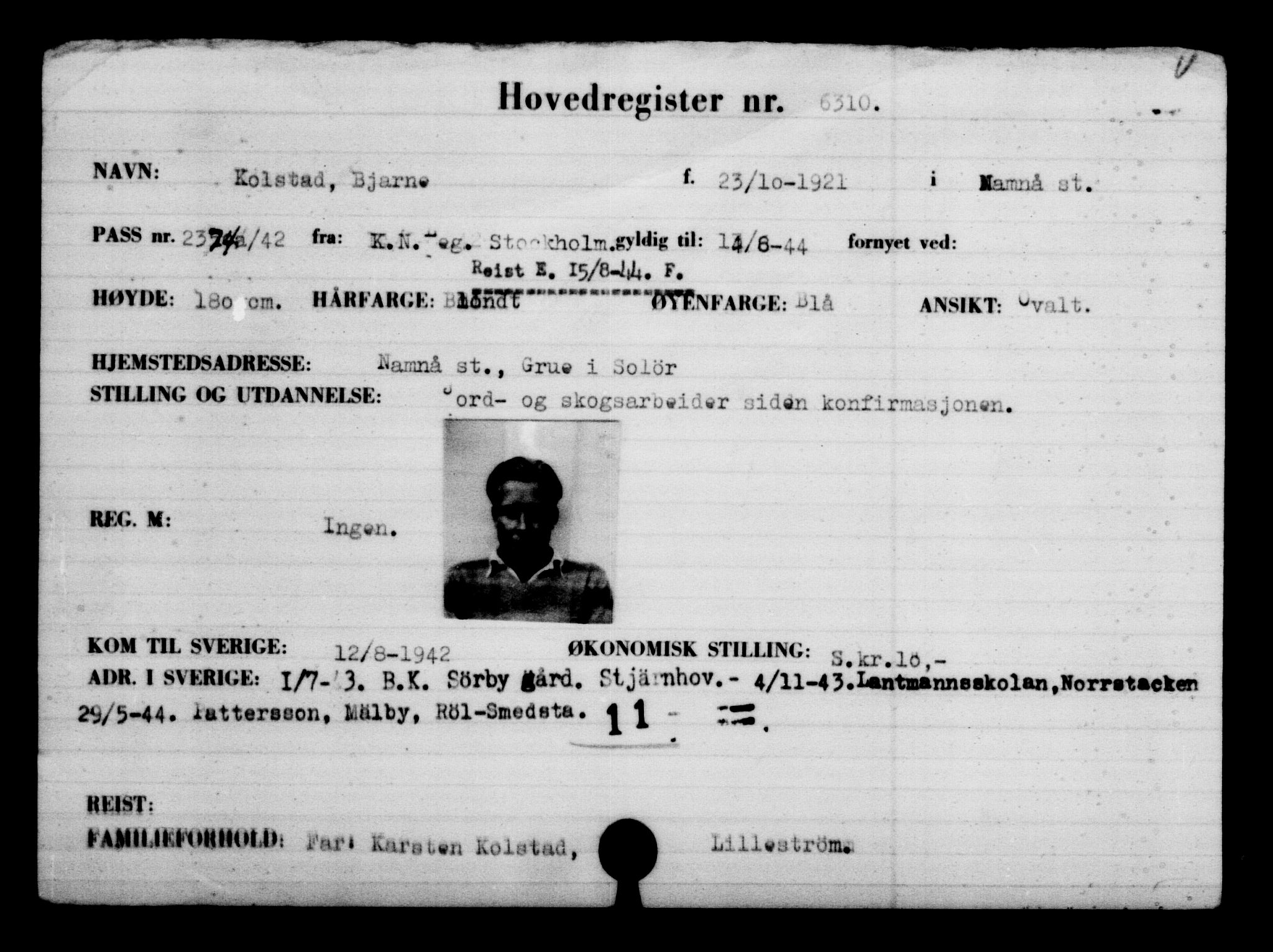 Utenriksstasjonene, Legasjonen i Stockholm, Flyktningkontoret, AV/RA-S-6753/V/Va/L0004: Kjesäterkartoteket, flyktninger med registreringsnr. 3496-6610, 1940-1945, p. 3321