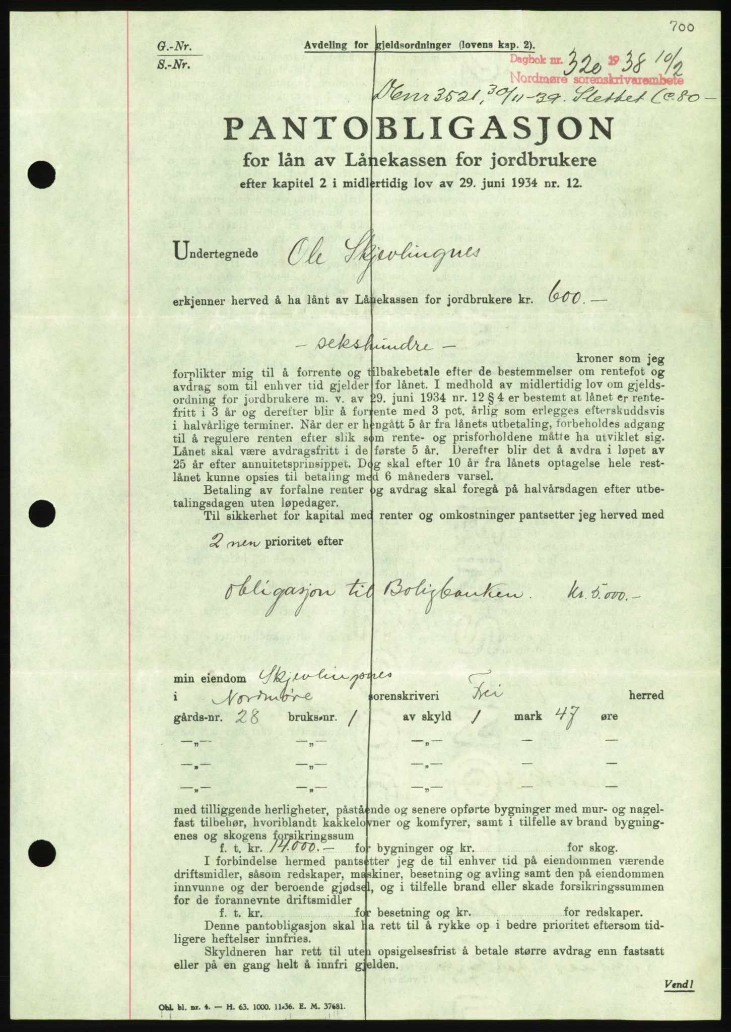 Nordmøre sorenskriveri, AV/SAT-A-4132/1/2/2Ca/L0092: Mortgage book no. B82, 1937-1938, Diary no: : 320/1938