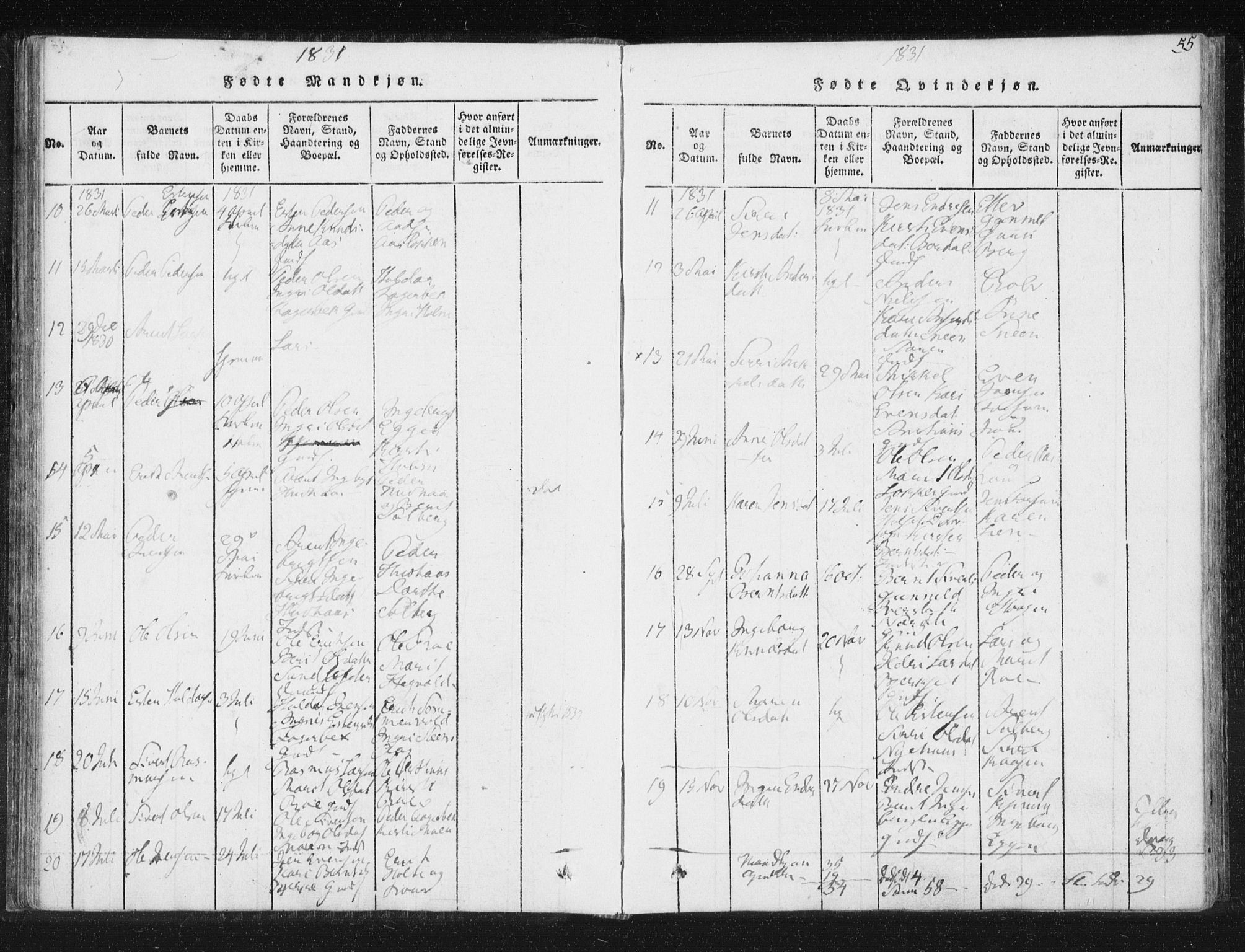 Ministerialprotokoller, klokkerbøker og fødselsregistre - Sør-Trøndelag, AV/SAT-A-1456/689/L1037: Parish register (official) no. 689A02, 1816-1842, p. 55