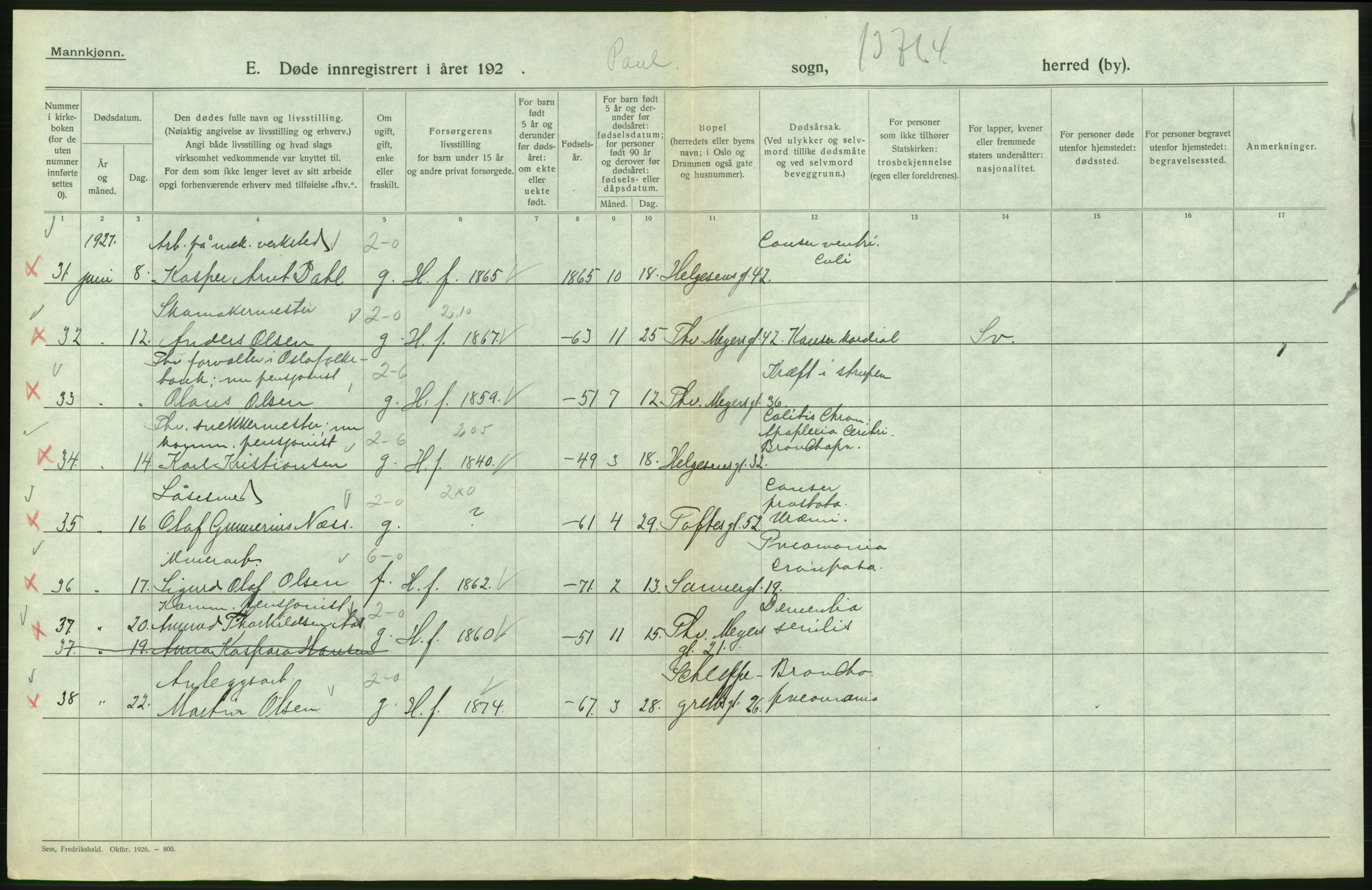 Statistisk sentralbyrå, Sosiodemografiske emner, Befolkning, AV/RA-S-2228/D/Df/Dfc/Dfcg/L0009: Oslo: Døde menn, 1927, p. 358