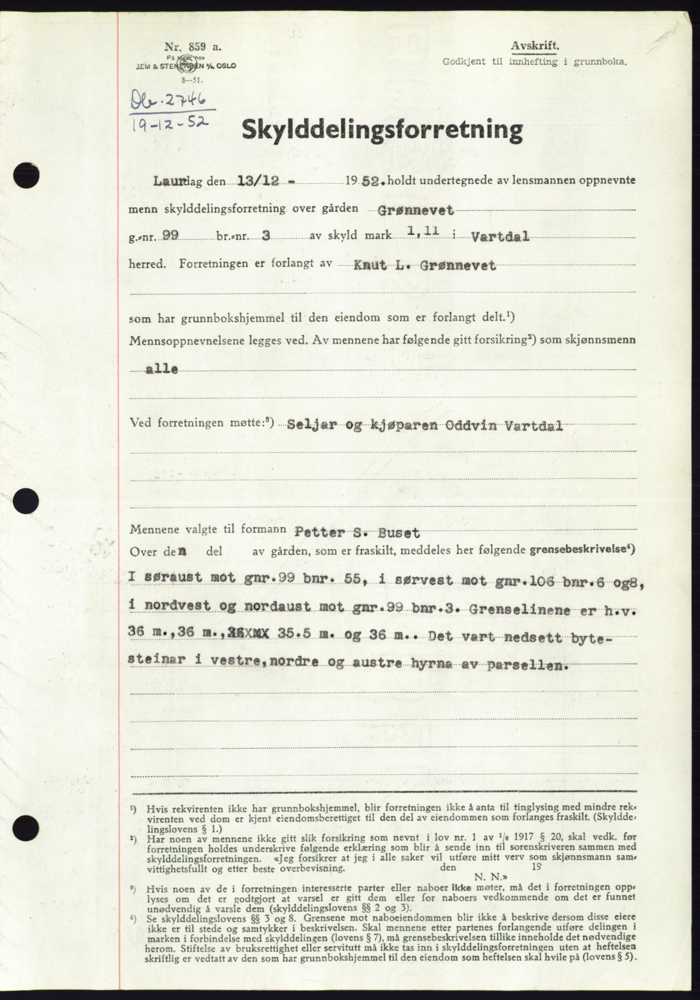 Søre Sunnmøre sorenskriveri, SAT/A-4122/1/2/2C/L0093: Mortgage book no. 19A, 1952-1953, Diary no: : 2746/1952