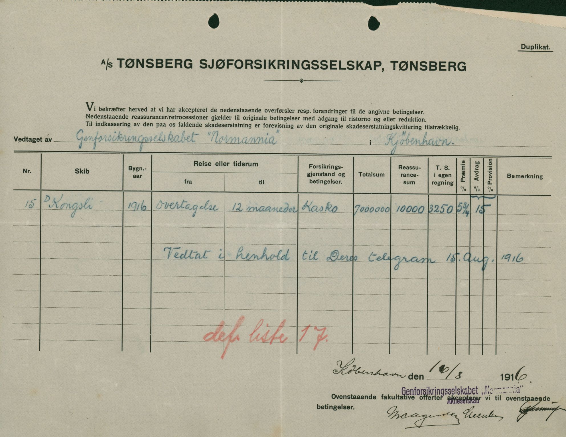 Pa 664 - Tønsberg Sjøforsikringsselskap, VEMU/A-1773/F/L0001: Forsikringspoliser, 1915-1918