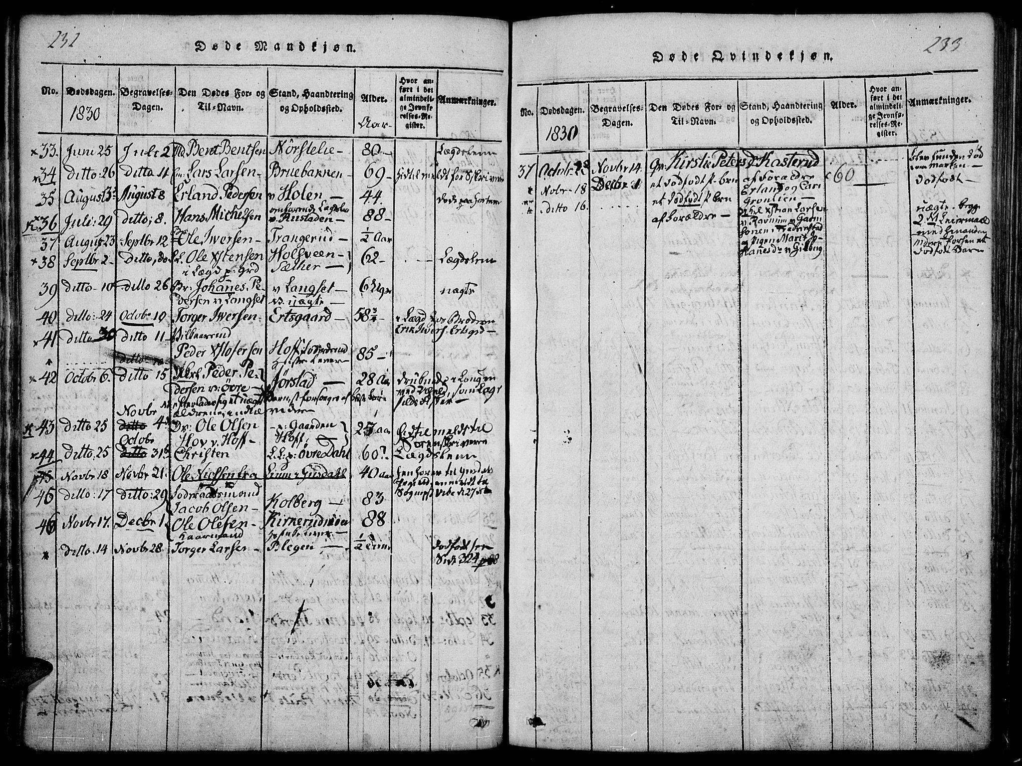 Fåberg prestekontor, SAH/PREST-086/H/Ha/Haa/L0003: Parish register (official) no. 3, 1818-1833, p. 232-233