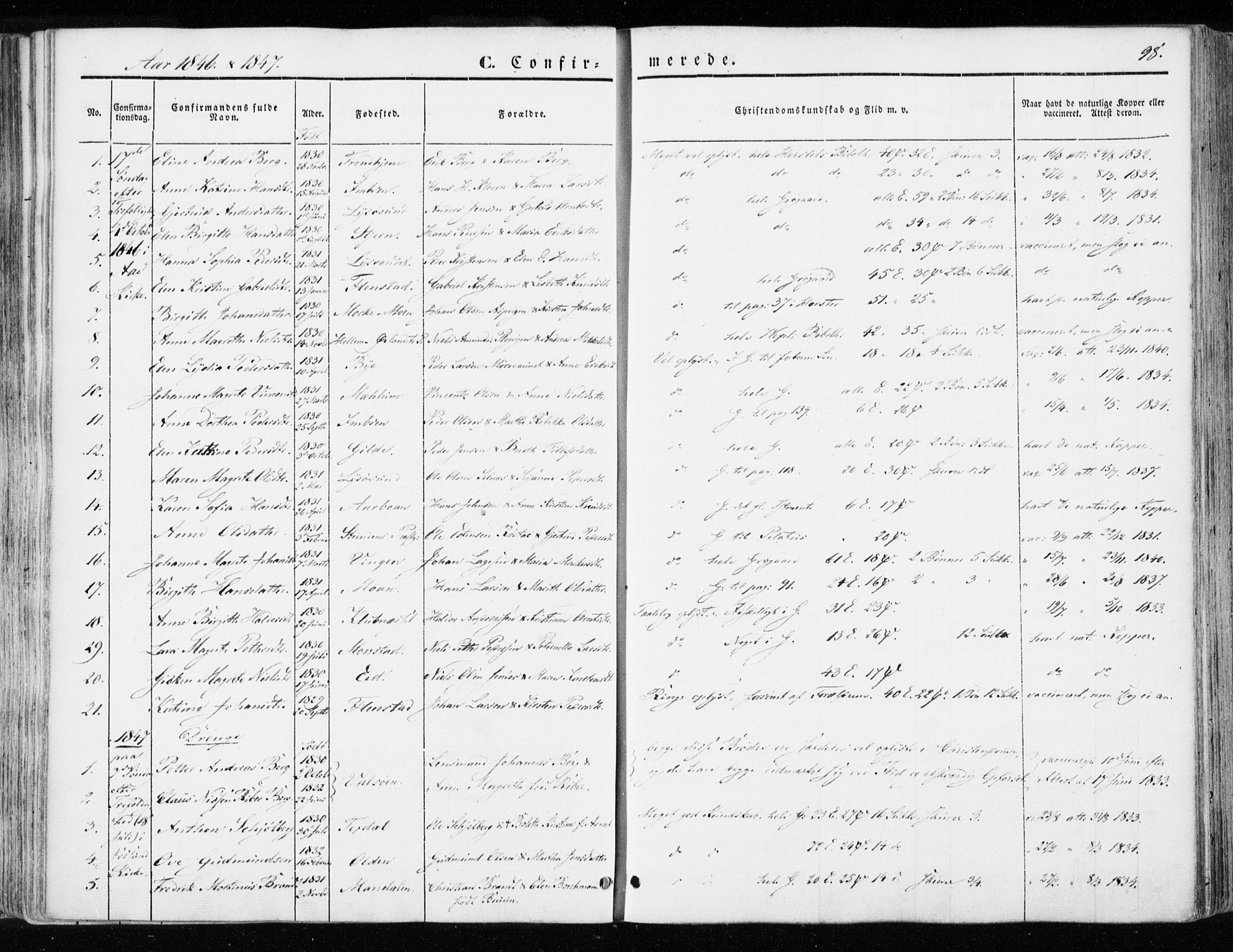 Ministerialprotokoller, klokkerbøker og fødselsregistre - Sør-Trøndelag, SAT/A-1456/655/L0677: Parish register (official) no. 655A06, 1847-1860, p. 98