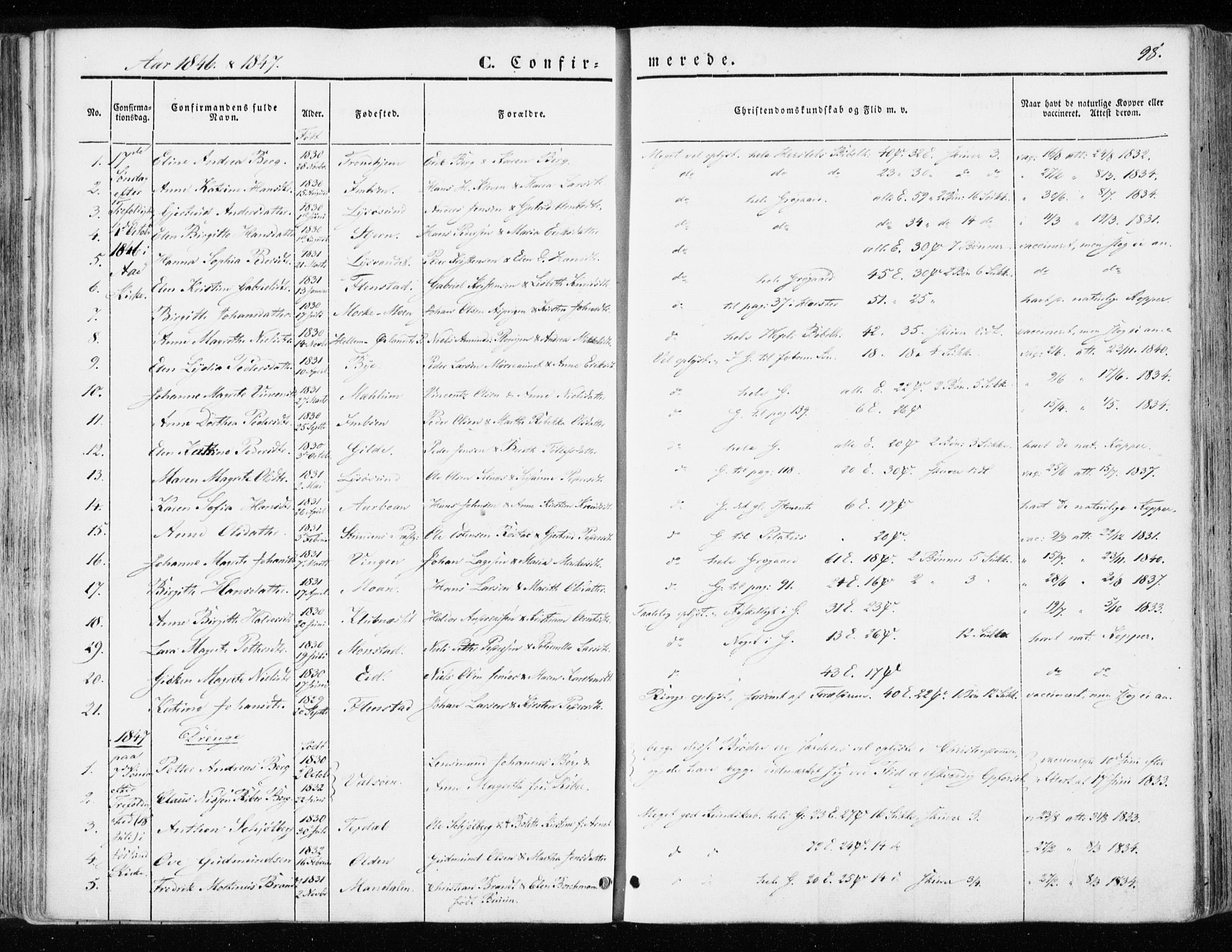 Ministerialprotokoller, klokkerbøker og fødselsregistre - Sør-Trøndelag, AV/SAT-A-1456/655/L0677: Parish register (official) no. 655A06, 1847-1860, p. 98