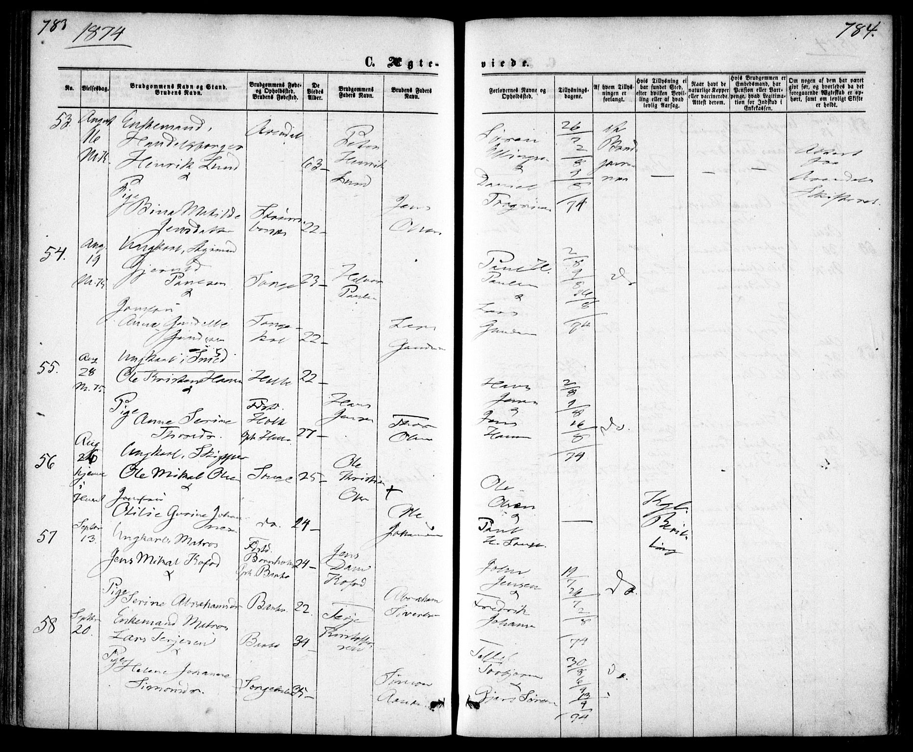 Tromøy sokneprestkontor, AV/SAK-1111-0041/F/Fa/L0008: Parish register (official) no. A 8, 1870-1877, p. 783-784