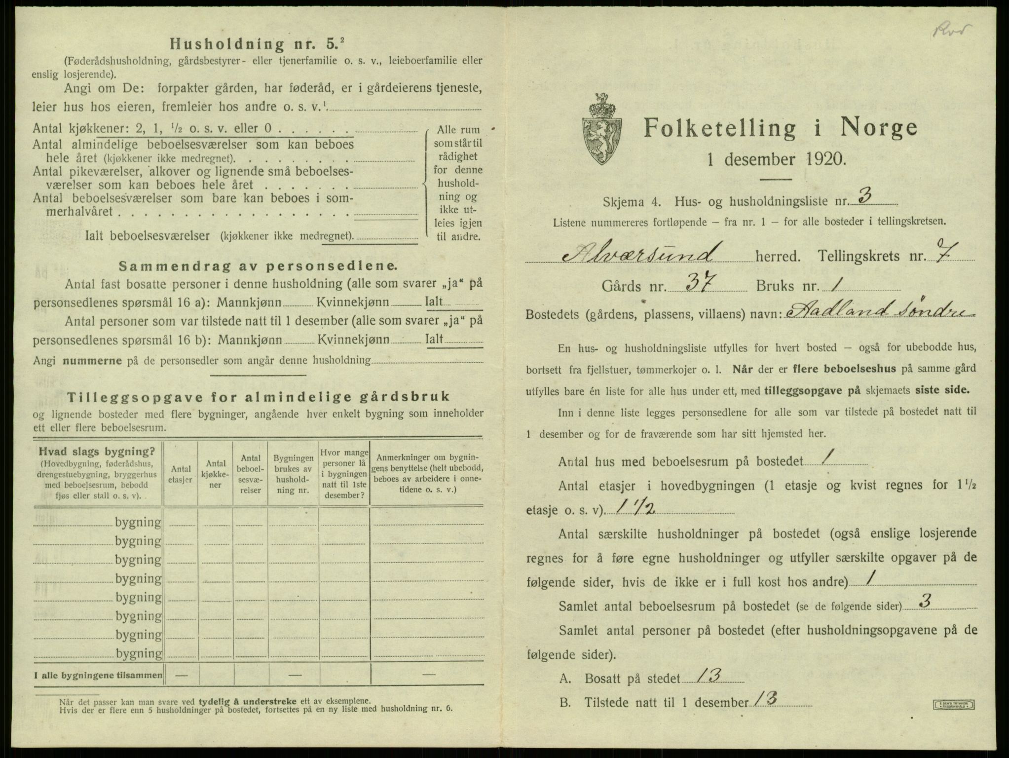 SAB, 1920 census for Alversund, 1920, p. 558