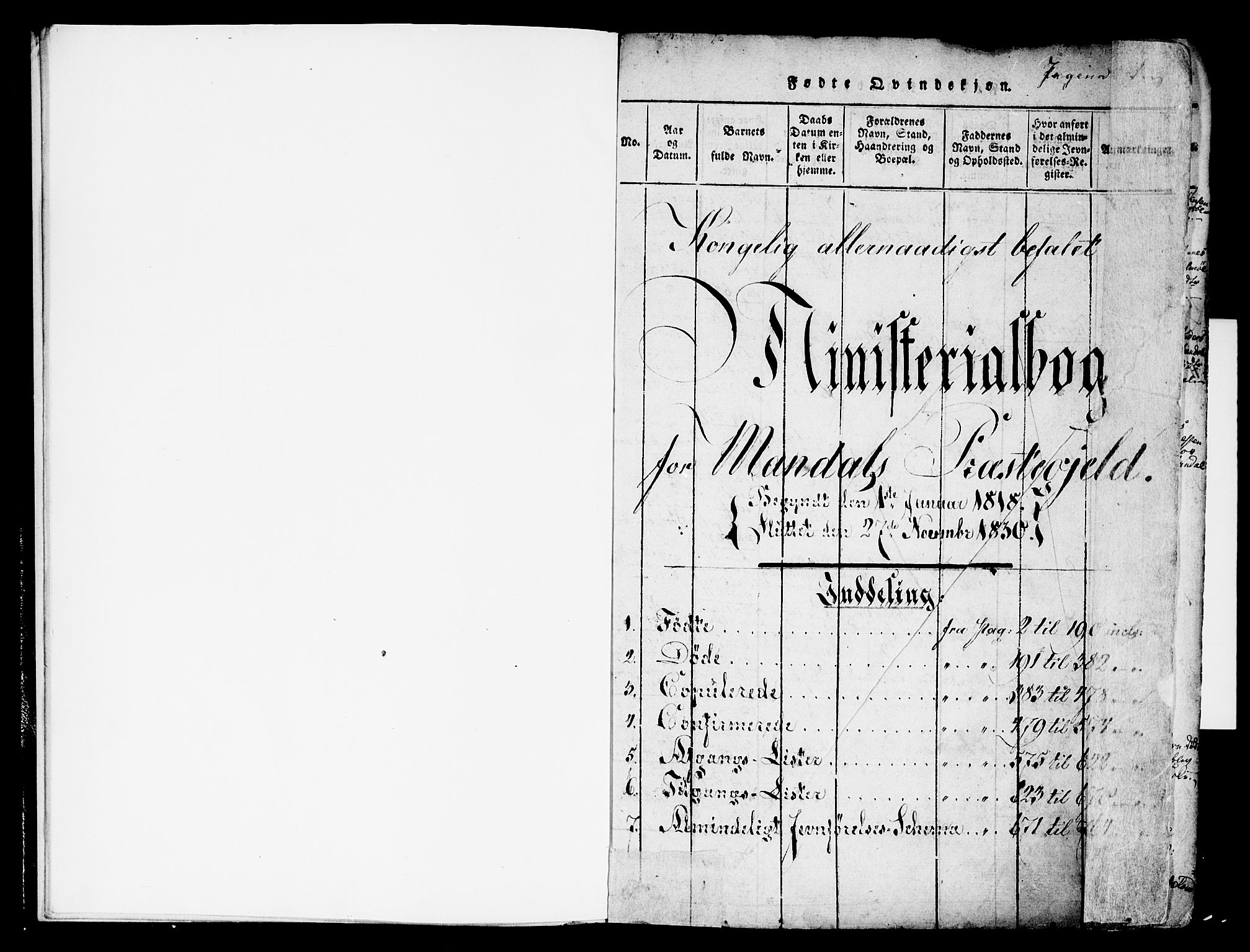 Mandal sokneprestkontor, AV/SAK-1111-0030/F/Fa/Faa/L0010: Parish register (official) no. A 10, 1817-1830, p. 0-1