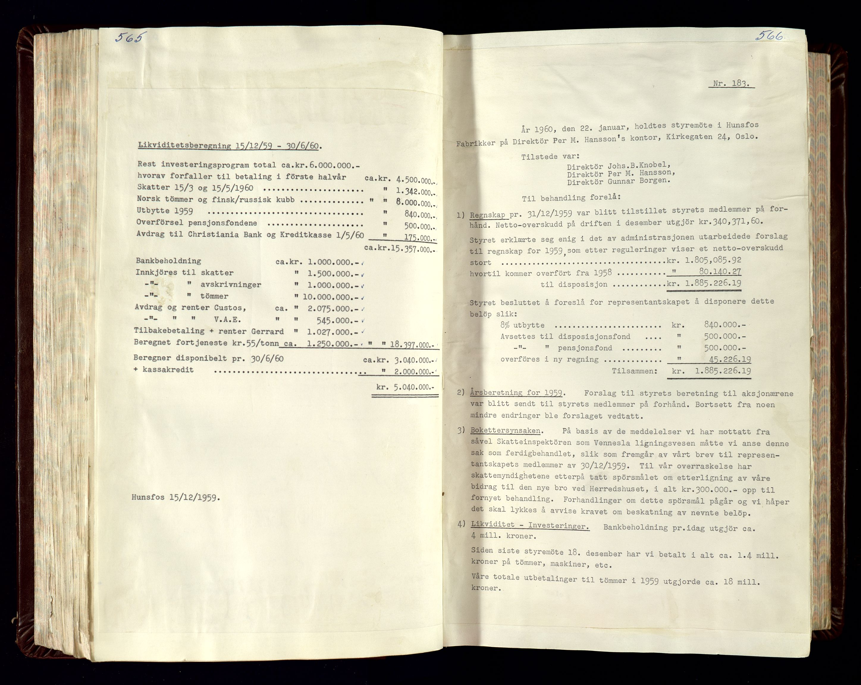 Hunsfos fabrikker, SAK/D/1440/02/L0007: Referatprotokoll fra styremøter (møte nr 114-221), 1951-1964, p. 565-566