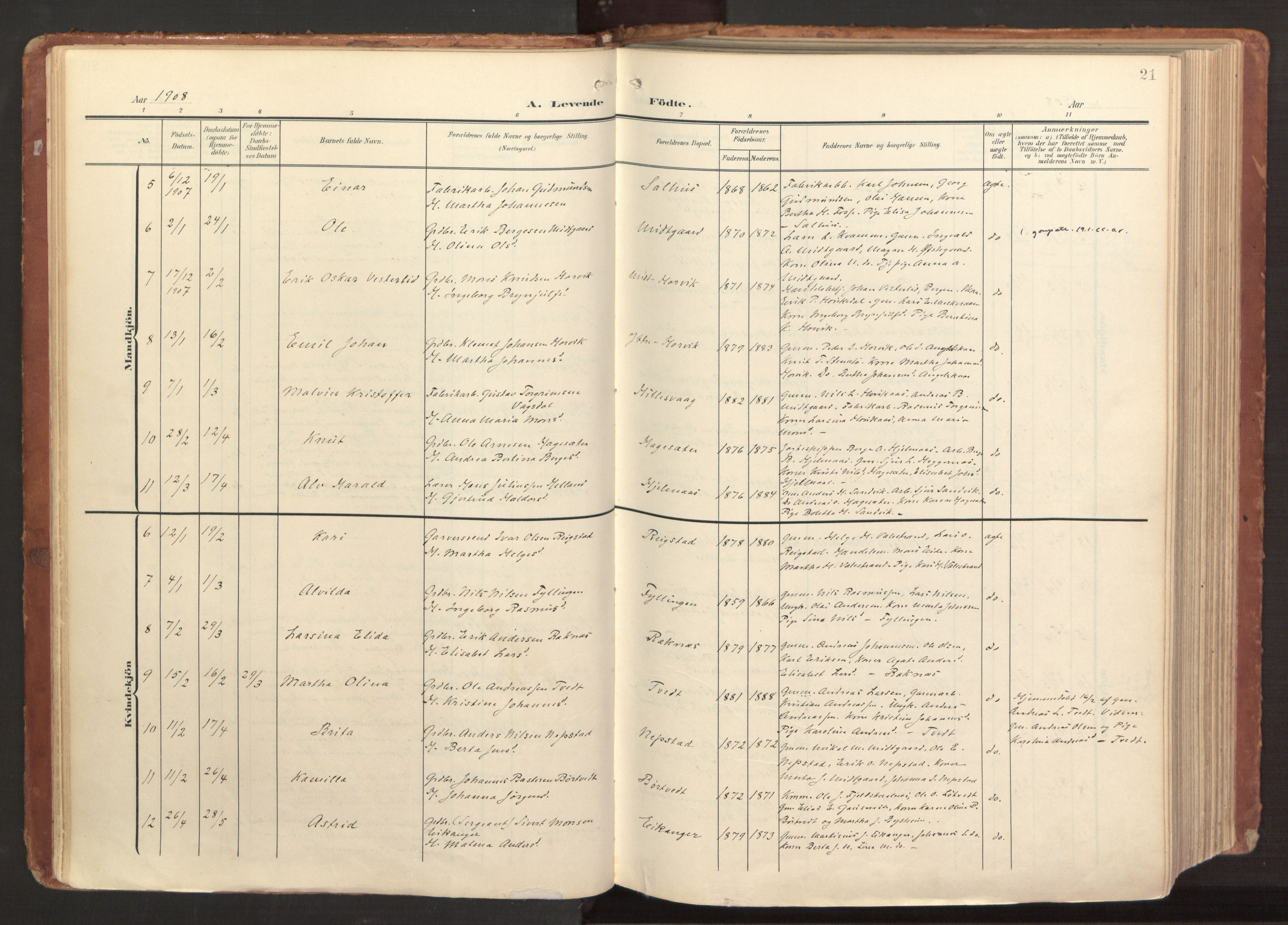 Hamre sokneprestembete, AV/SAB-A-75501/H/Ha/Haa/Haab/L0002: Parish register (official) no. B 2, 1905-1924, p. 21