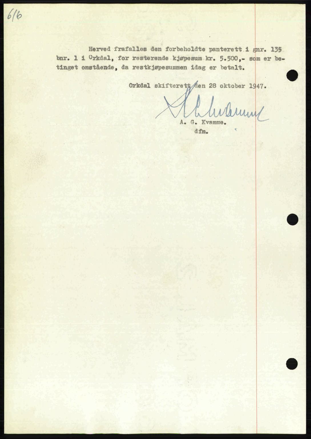 Orkdal sorenskriveri, AV/SAT-A-4169/1/2/2C: Mortgage book no. A, 1947-1947, Diary no: : 1378/1947