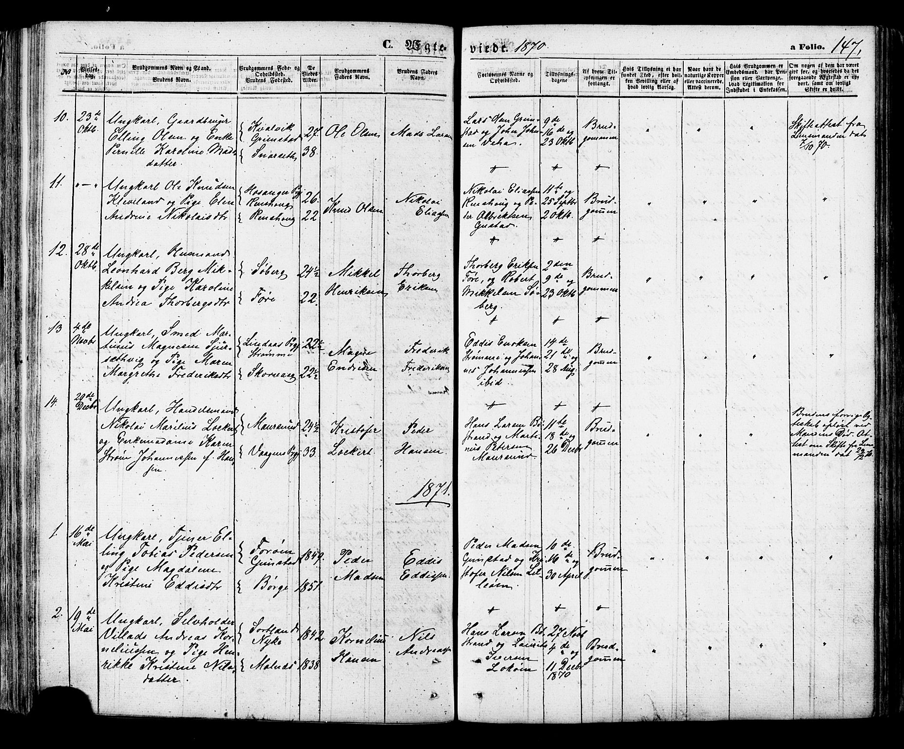Ministerialprotokoller, klokkerbøker og fødselsregistre - Nordland, SAT/A-1459/891/L1301: Parish register (official) no. 891A06, 1870-1878, p. 147