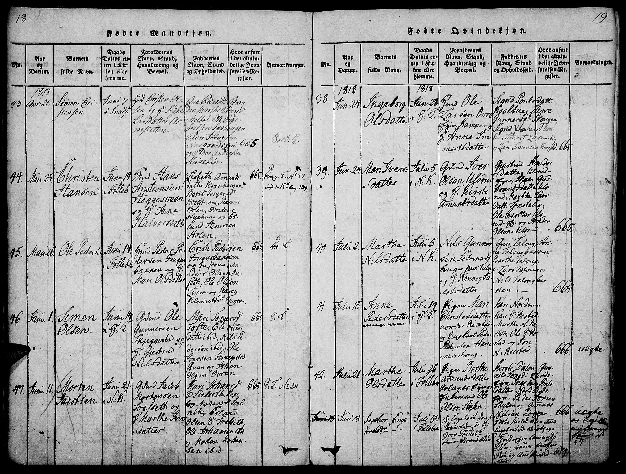 Gausdal prestekontor, AV/SAH-PREST-090/H/Ha/Haa/L0005: Parish register (official) no. 5, 1817-1829, p. 18-19