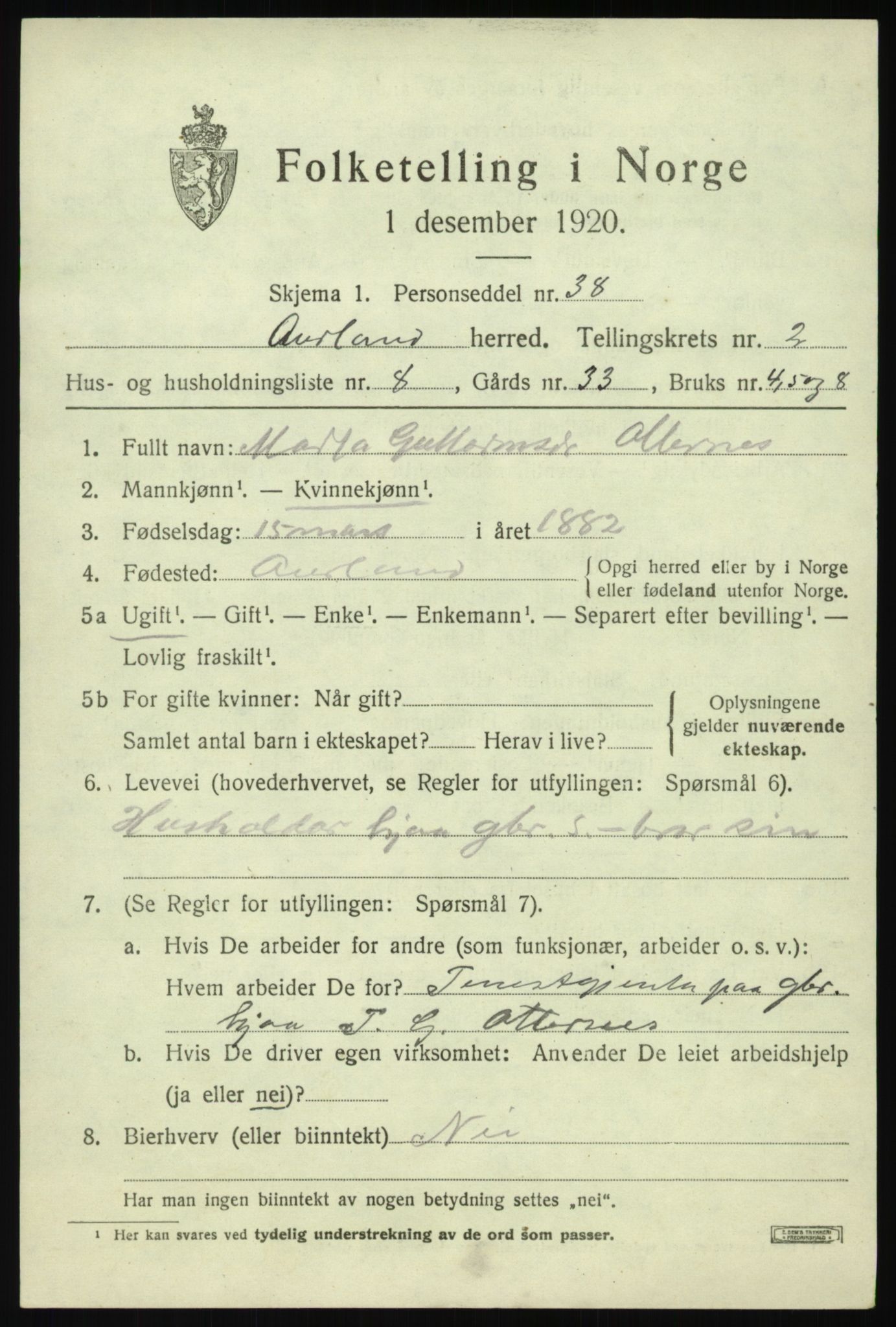 SAB, 1920 census for Aurland, 1920, p. 1904