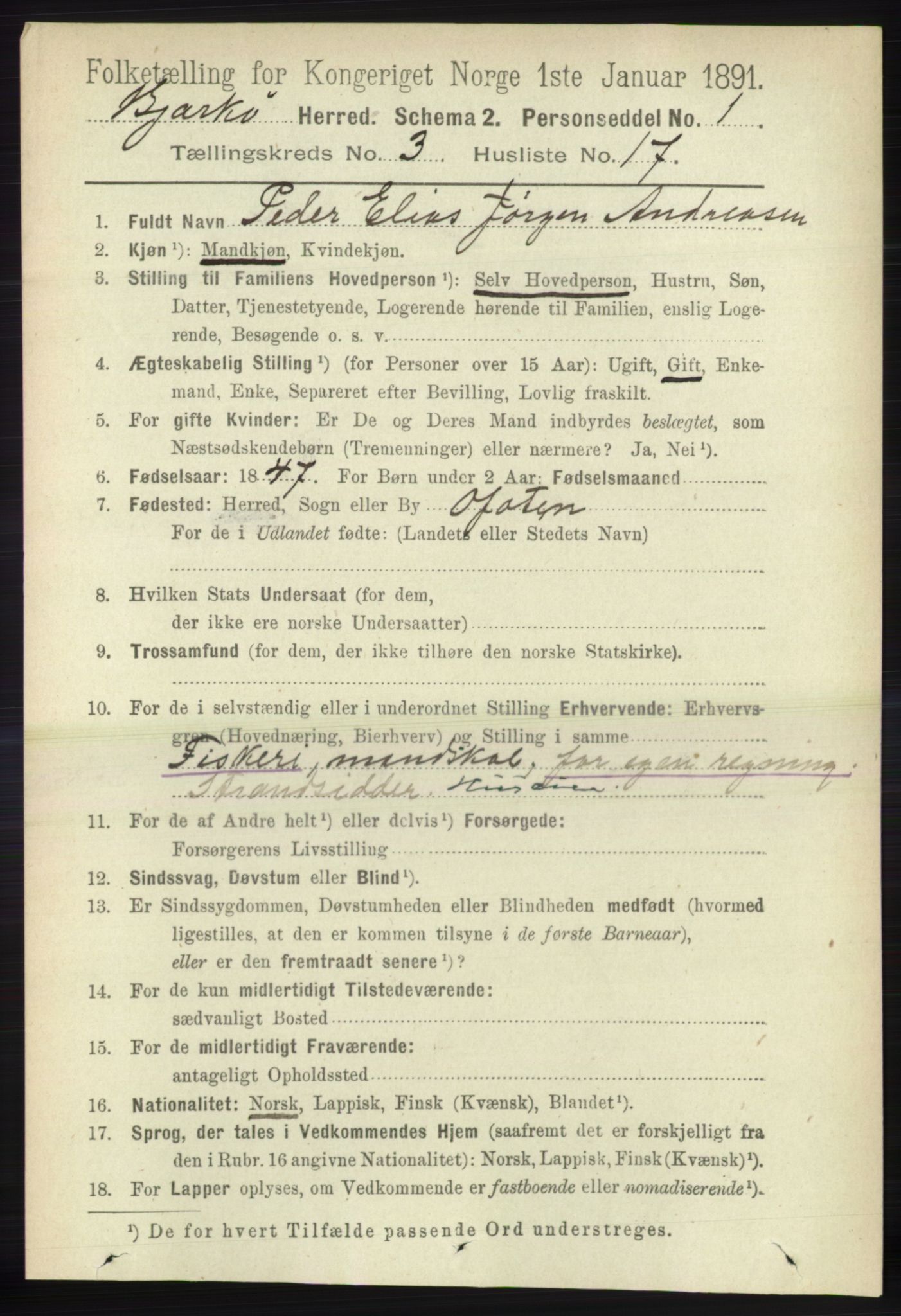 RA, 1891 census for 1915 Bjarkøy, 1891, p. 1637