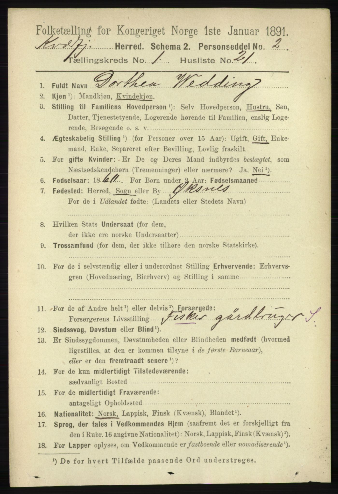 RA, 1891 census for 1911 Kvæfjord, 1891, p. 231