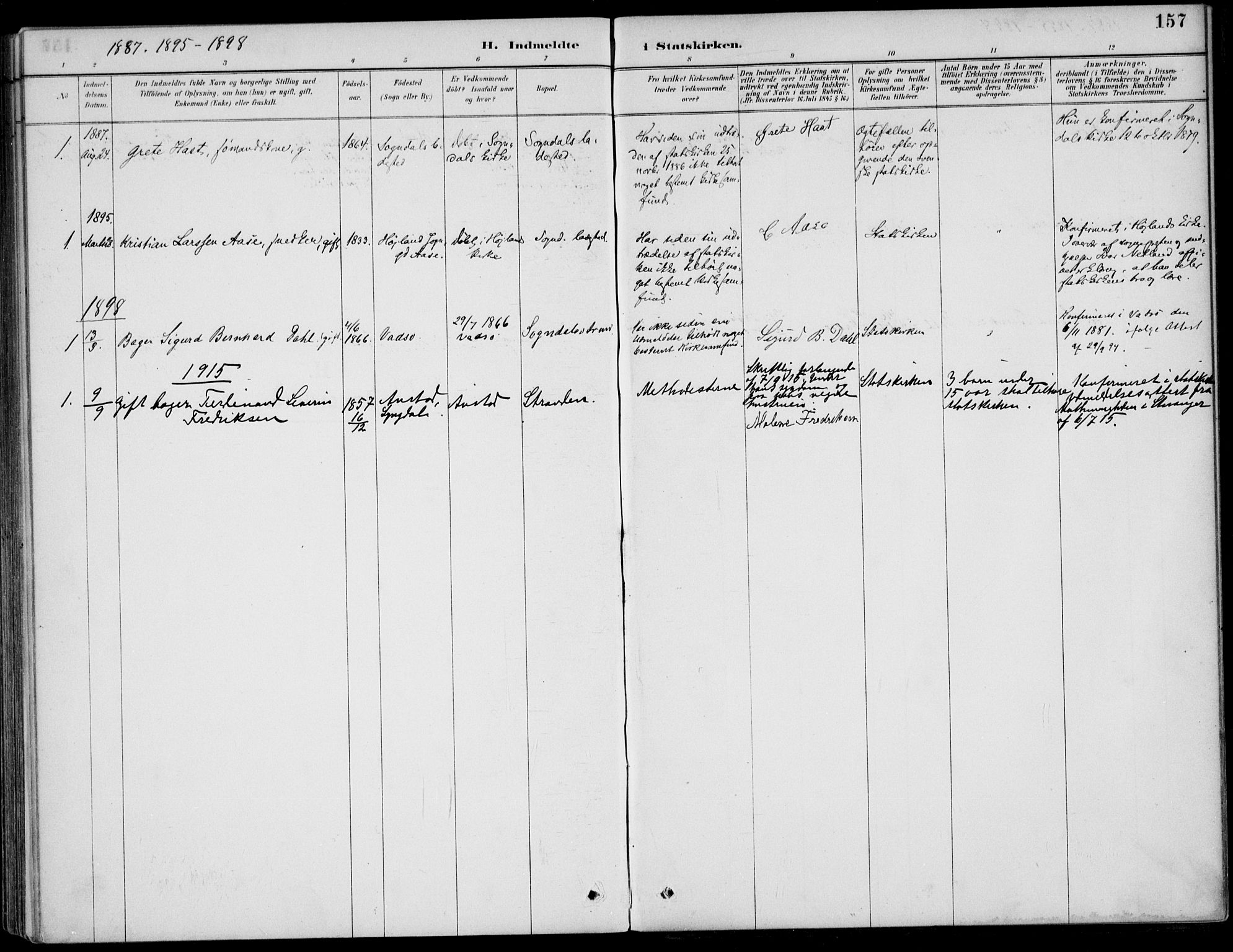 Sokndal sokneprestkontor, AV/SAST-A-101808: Parish register (official) no. A 12, 1887-1927, p. 157