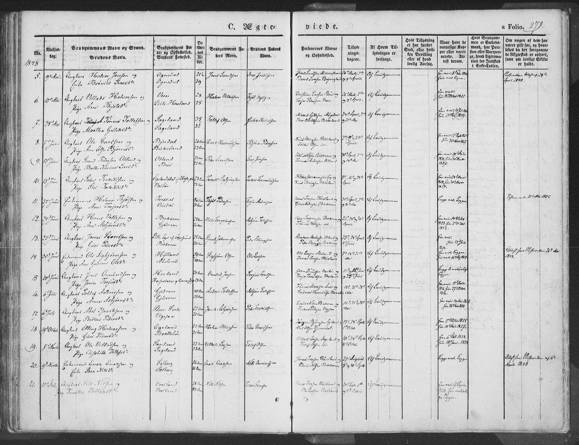 Helleland sokneprestkontor, AV/SAST-A-101810: Parish register (official) no. A 6.1, 1834-1863, p. 279