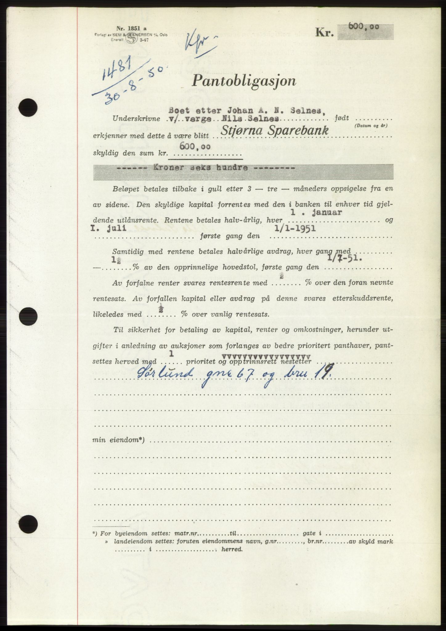 Fosen sorenskriveri, AV/SAT-A-1107/1/2/2C: Mortgage book no. B, 1948-1950, Diary no: : 1481/1950