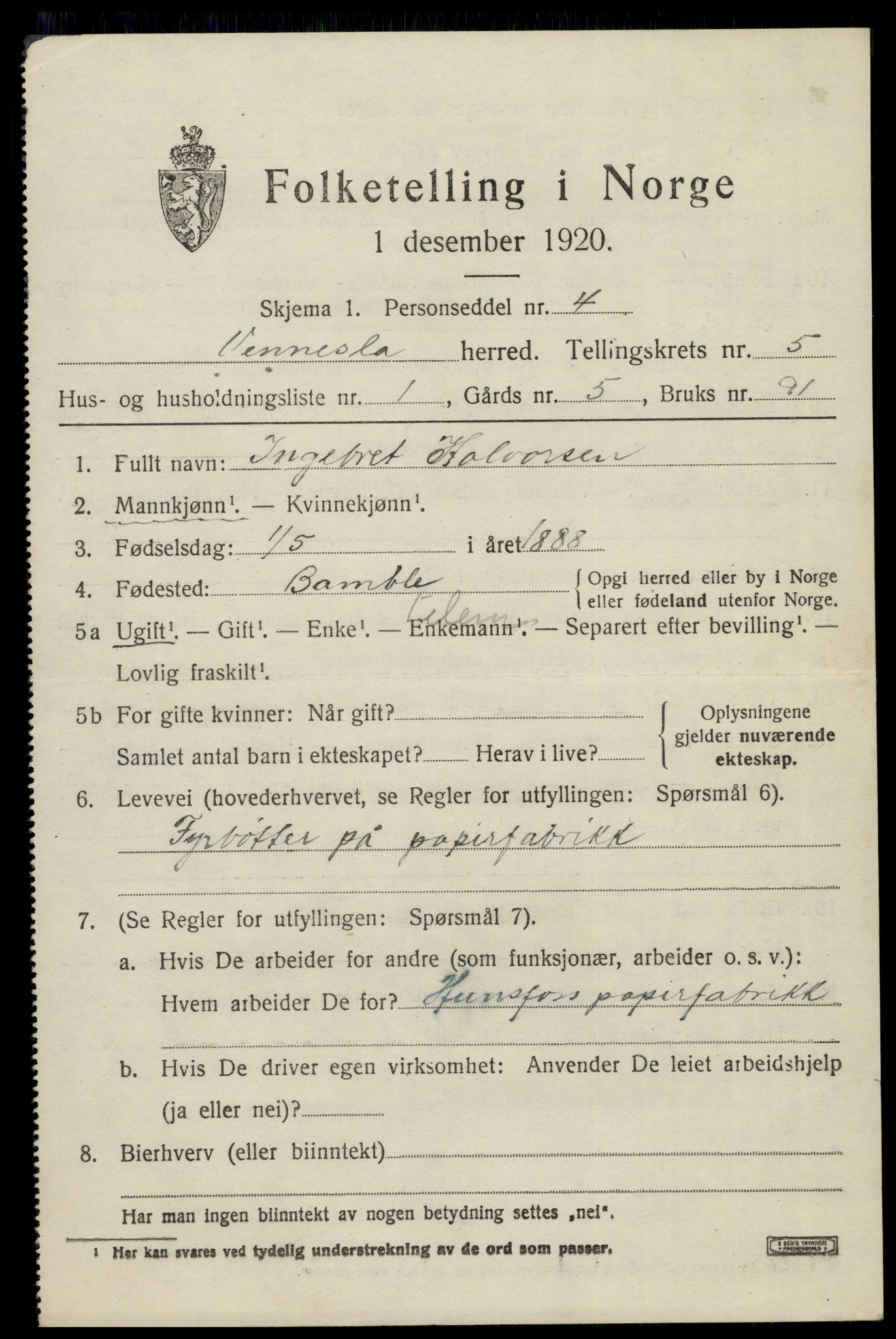 SAK, 1920 census for Vennesla, 1920, p. 3242