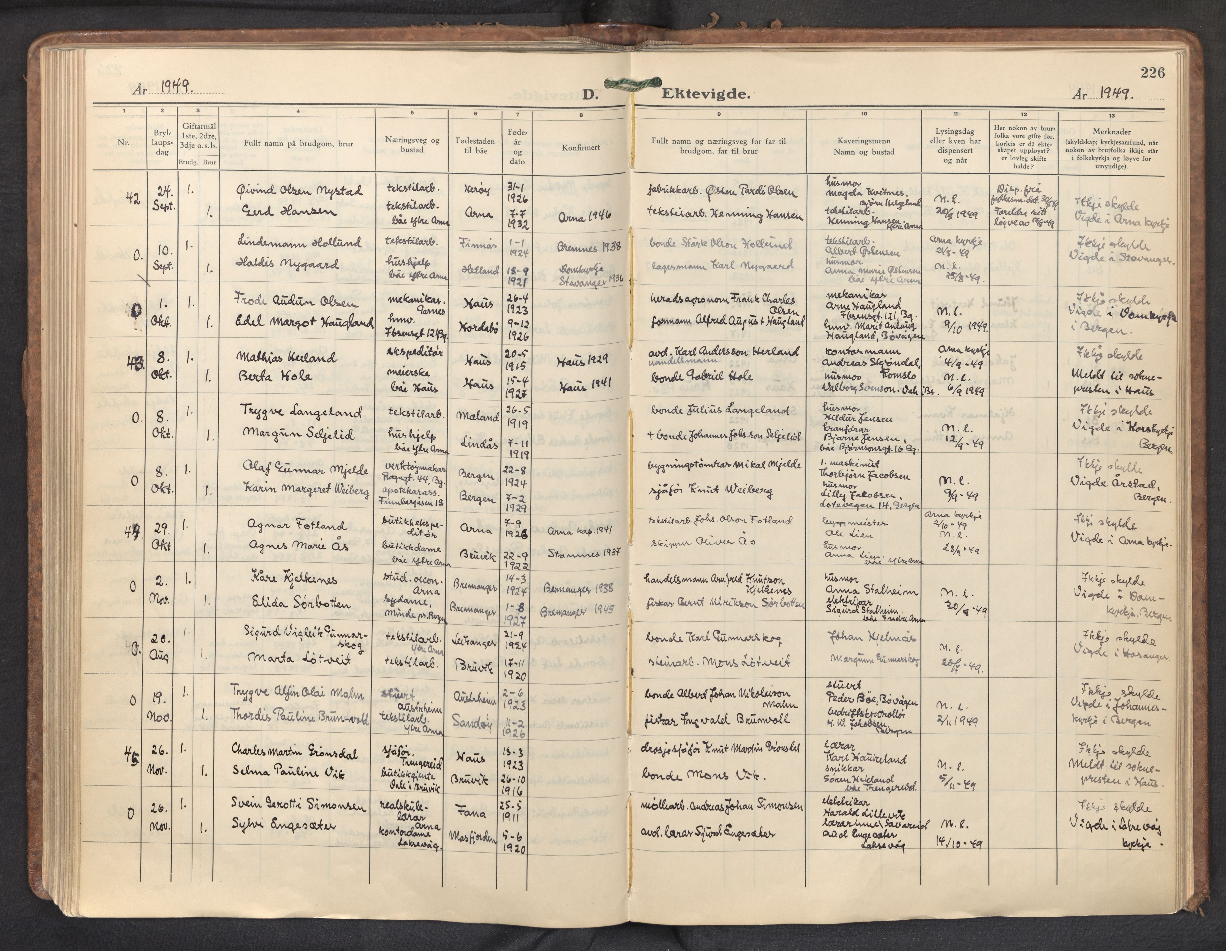 Haus sokneprestembete, AV/SAB-A-75601/H/Haa: Parish register (official) no. D 5, 1939-1950, p. 226