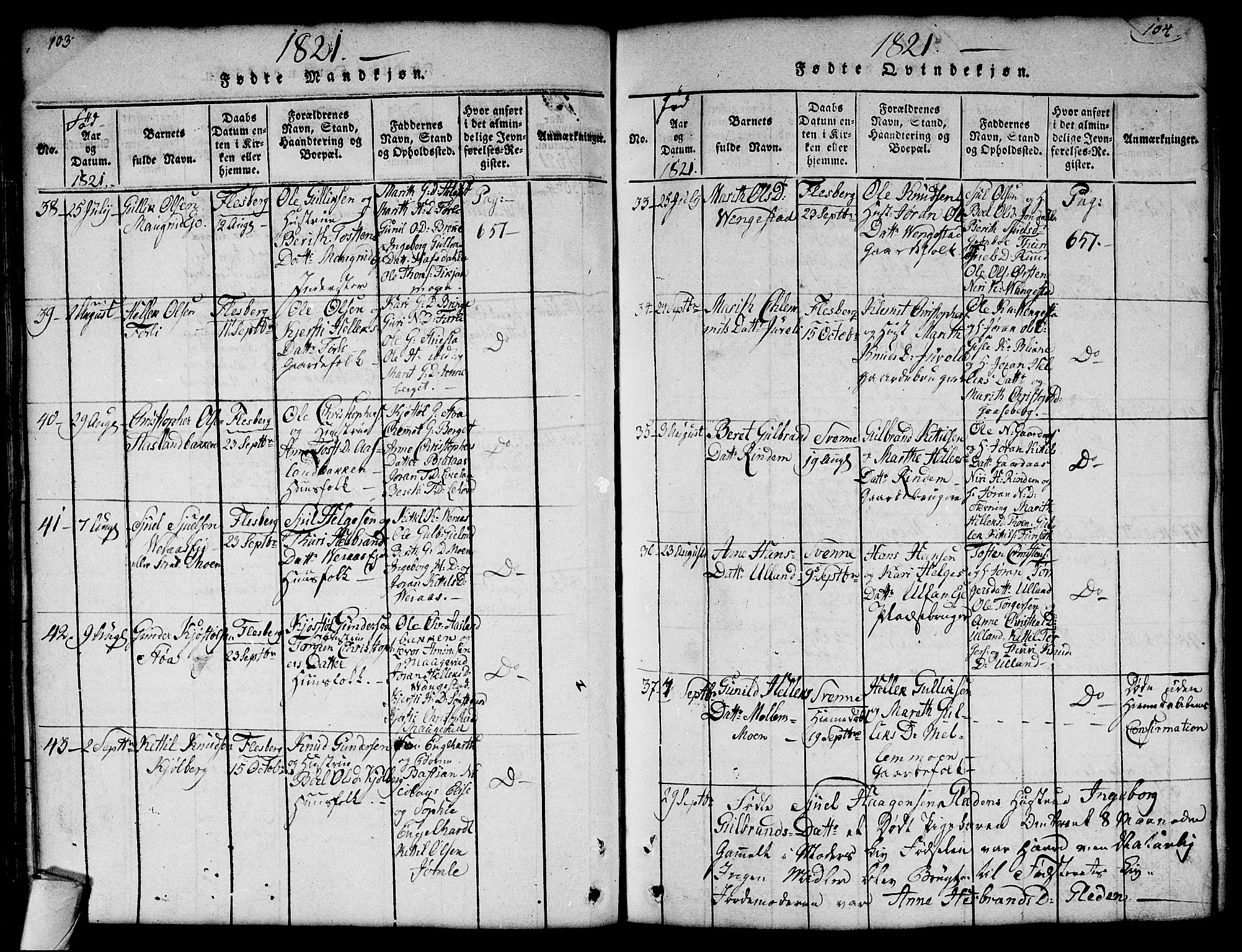 Flesberg kirkebøker, AV/SAKO-A-18/G/Ga/L0001: Parish register (copy) no. I 1, 1816-1834, p. 103-104