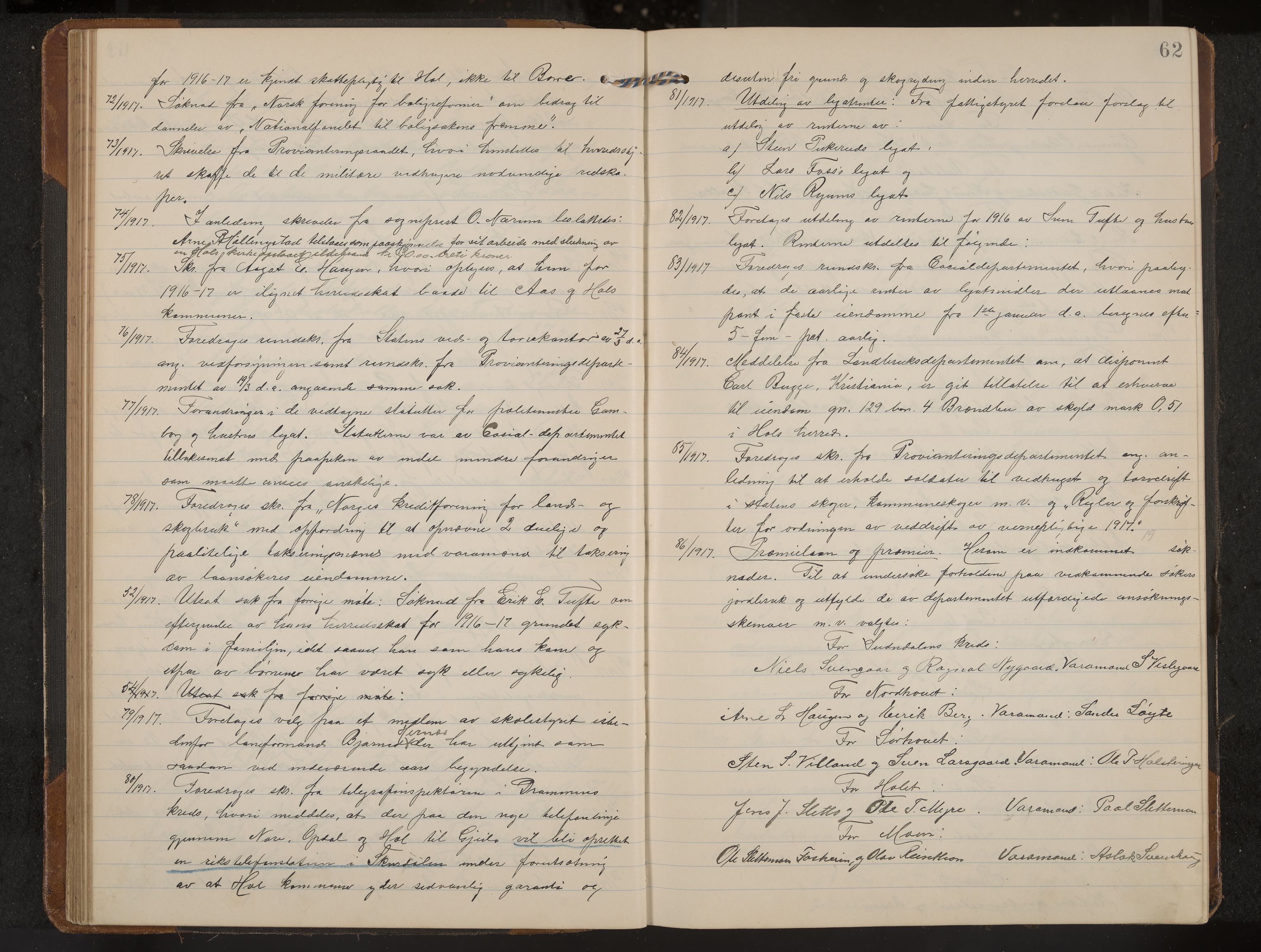 Hol formannskap og sentraladministrasjon, IKAK/0620021-1/A/L0006: Møtebok, 1916-1922, p. 62
