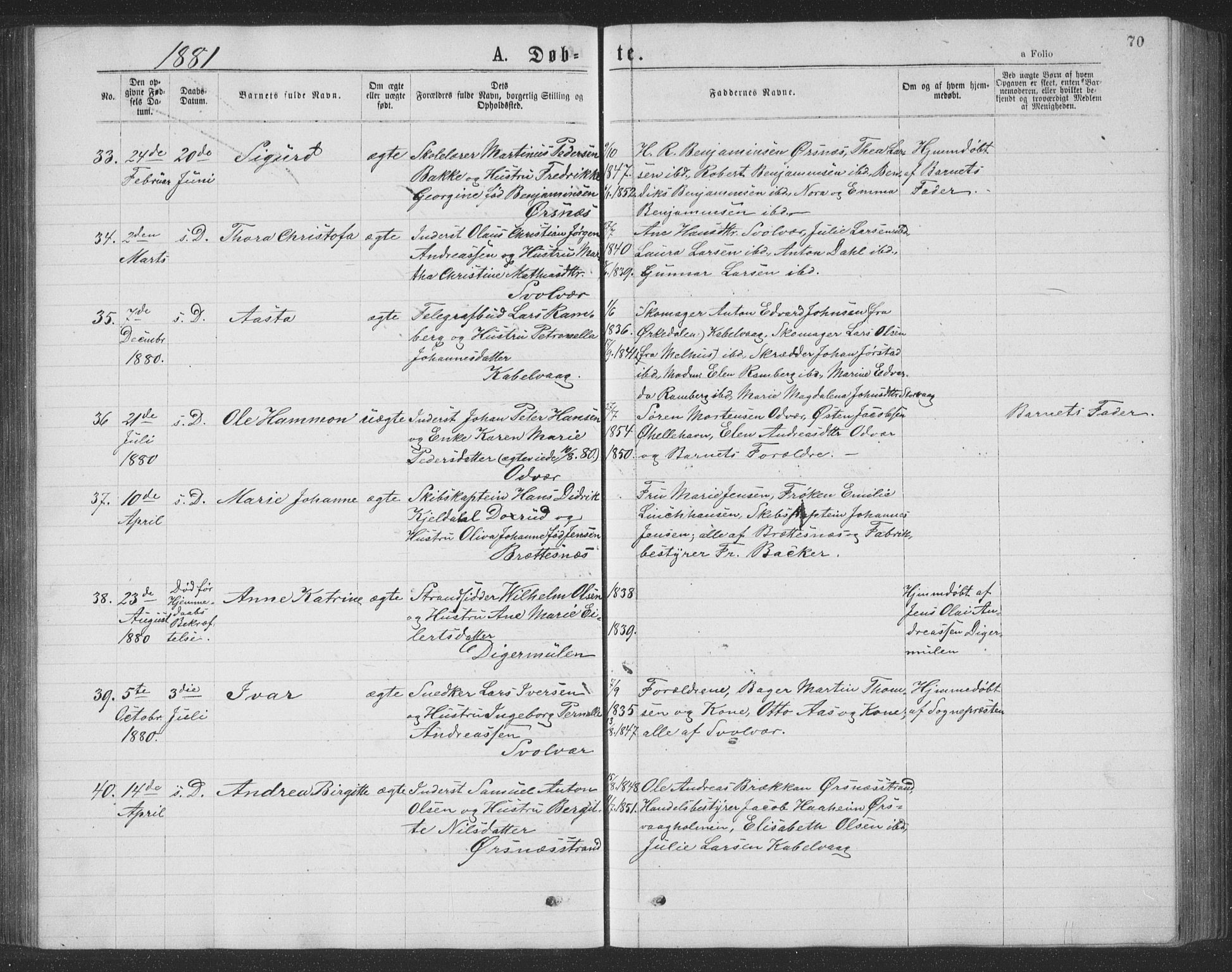 Ministerialprotokoller, klokkerbøker og fødselsregistre - Nordland, AV/SAT-A-1459/874/L1075: Parish register (copy) no. 874C04, 1876-1883, p. 70