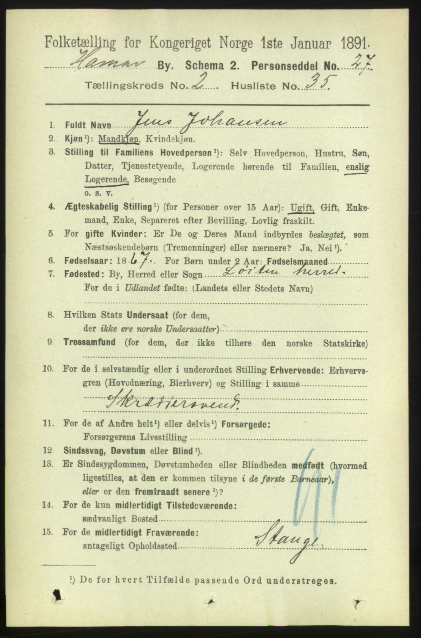 RA, 1891 census for 0401 Hamar, 1891, p. 1492