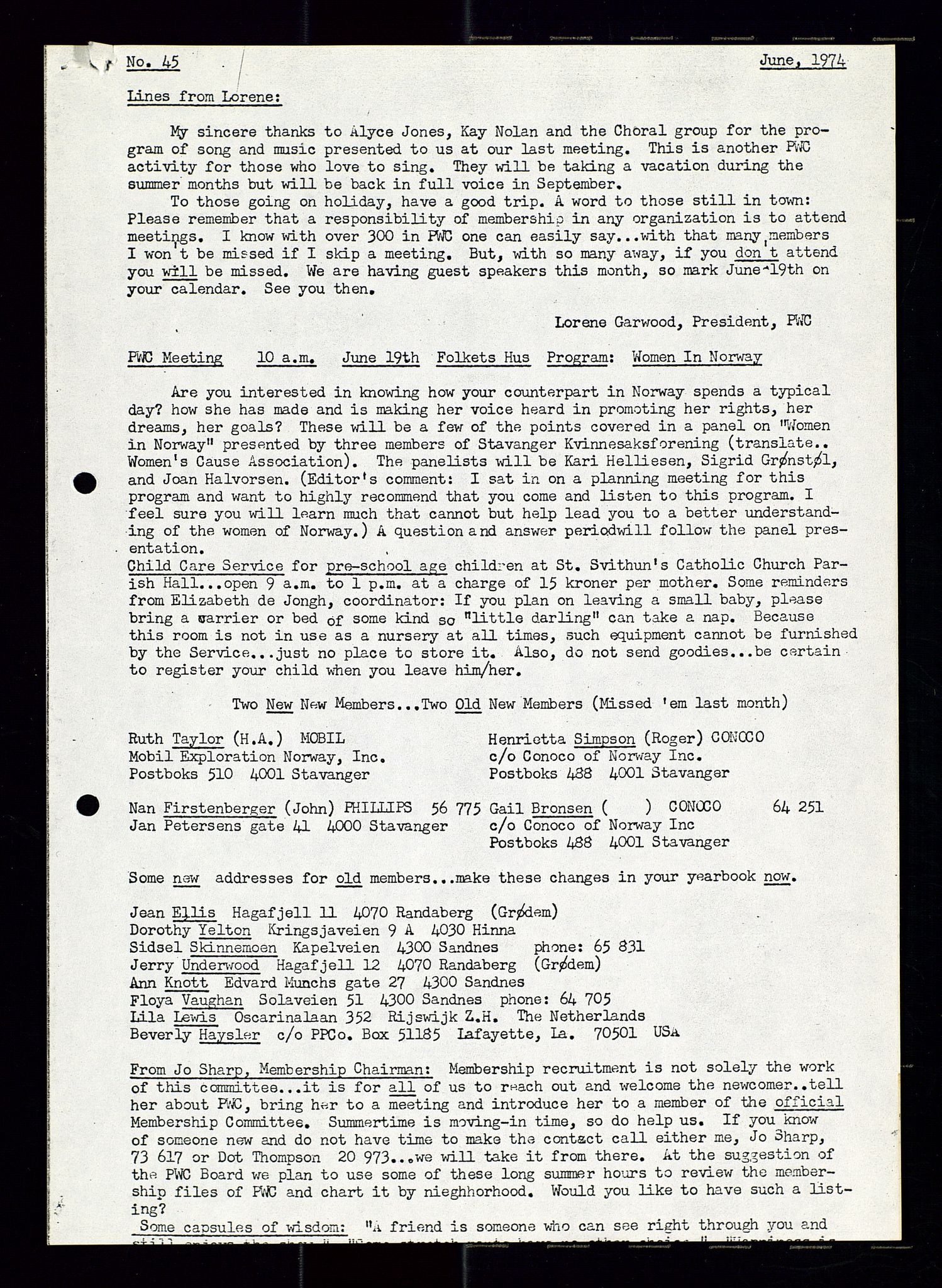 PA 1547 - Petroleum Wives Club, AV/SAST-A-101974/X/Xa/L0001: Newsletters (1971-1978)/radiointervjuer på kasett (1989-1992), 1970-1978