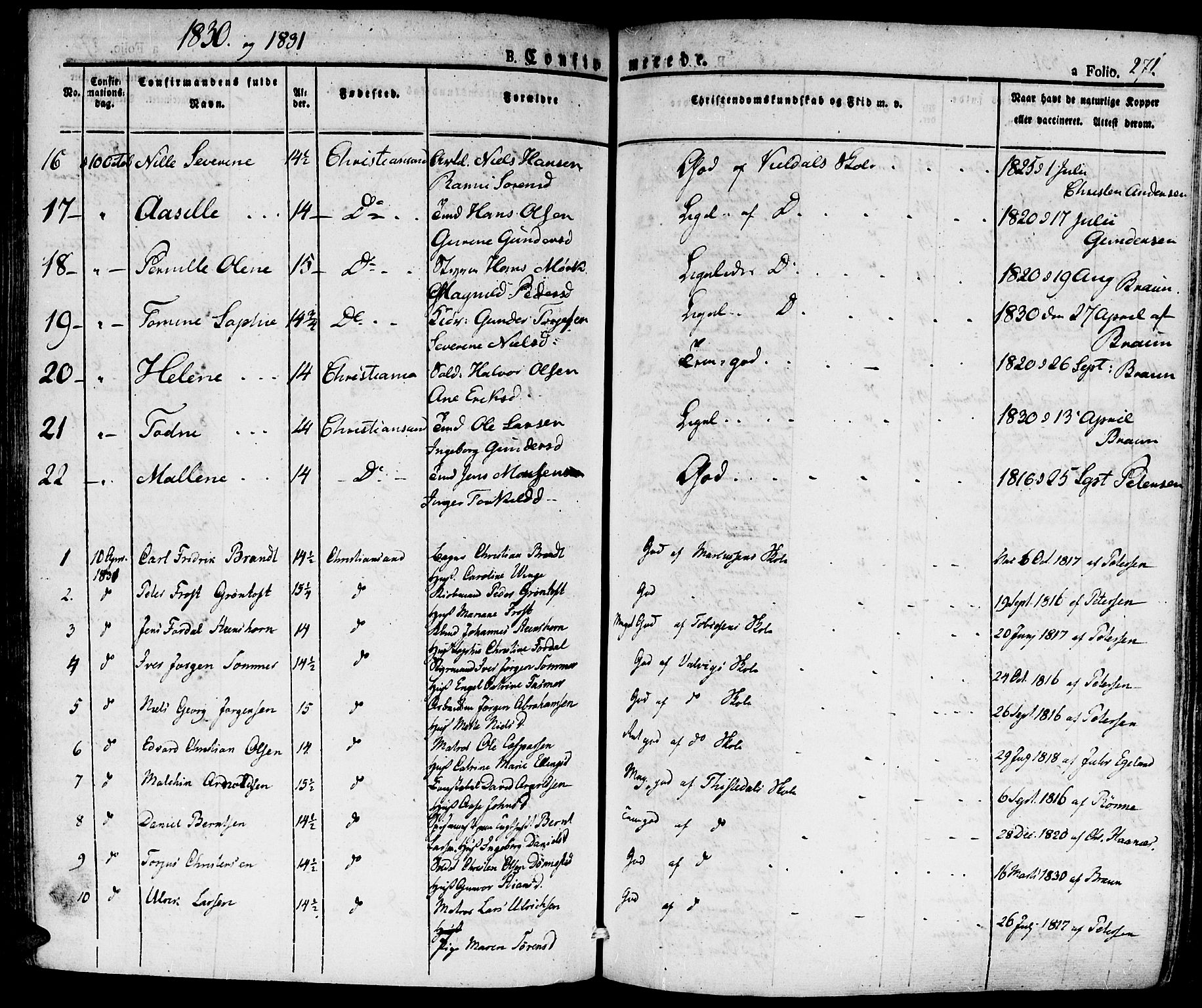 Kristiansand domprosti, SAK/1112-0006/F/Fa/L0011: Parish register (official) no. A 11, 1827-1841, p. 271