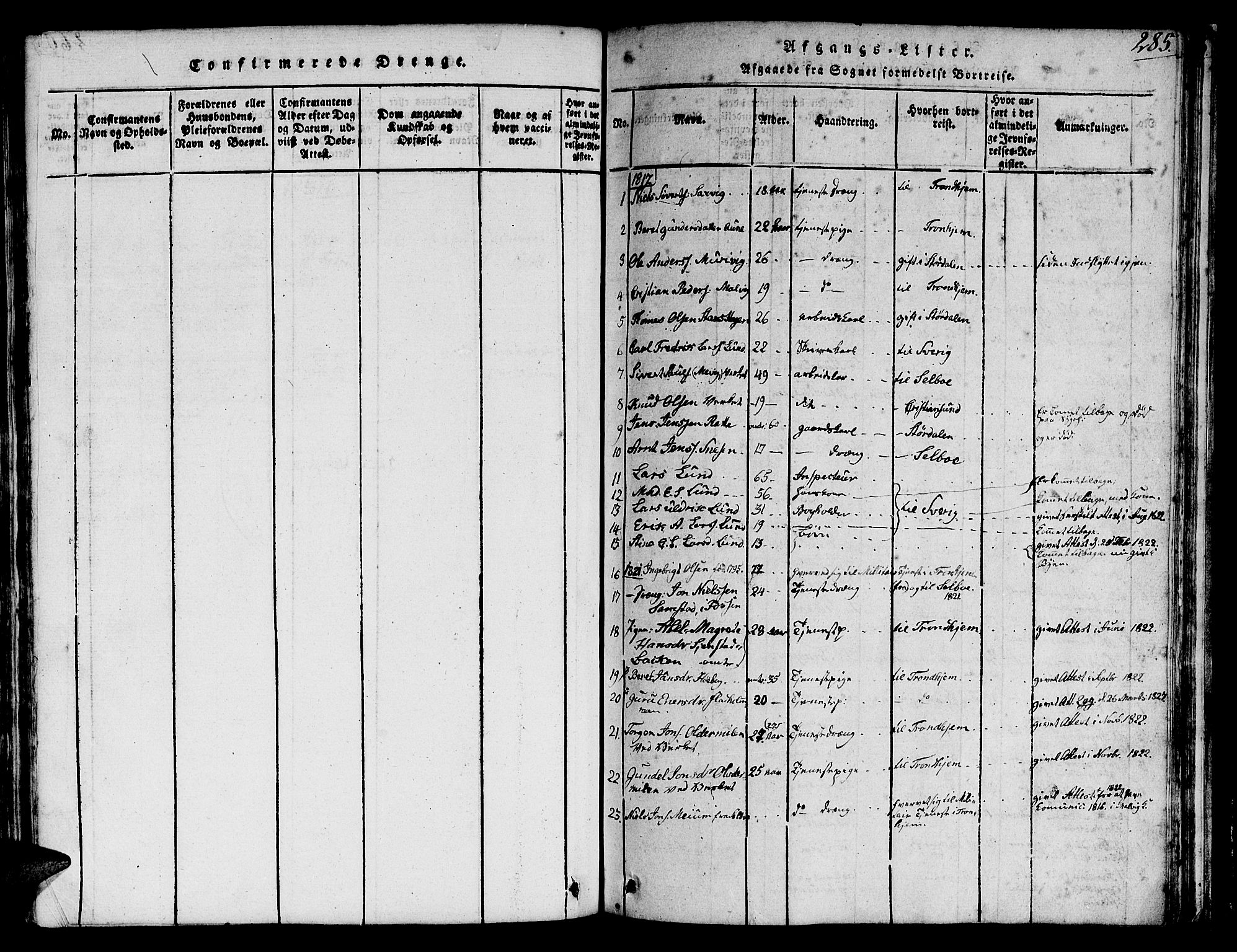 Ministerialprotokoller, klokkerbøker og fødselsregistre - Sør-Trøndelag, SAT/A-1456/616/L0420: Parish register (copy) no. 616C03, 1817-1835, p. 285