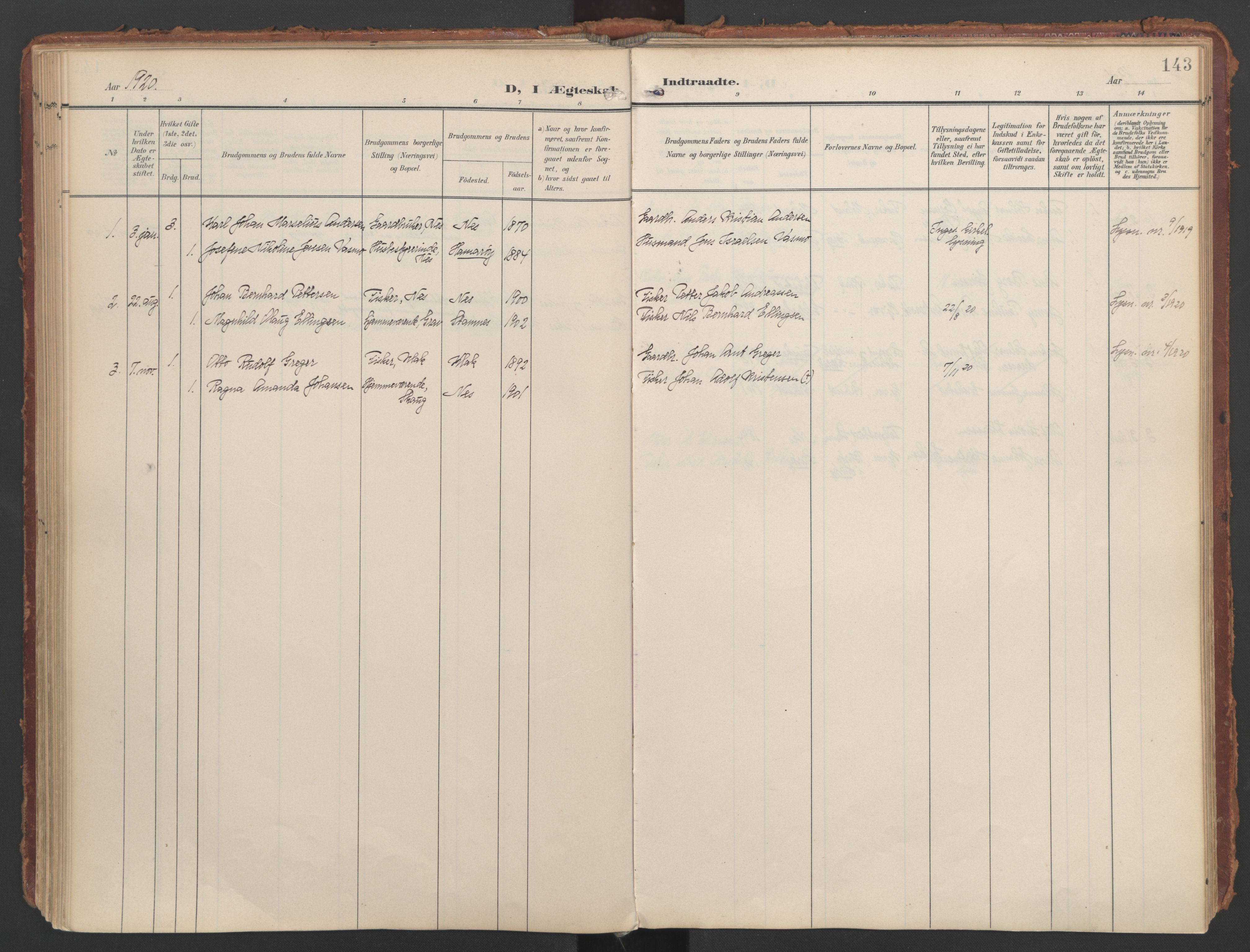 Ministerialprotokoller, klokkerbøker og fødselsregistre - Nordland, SAT/A-1459/808/L0129: Parish register (official) no. 808A02, 1903-1931, p. 143
