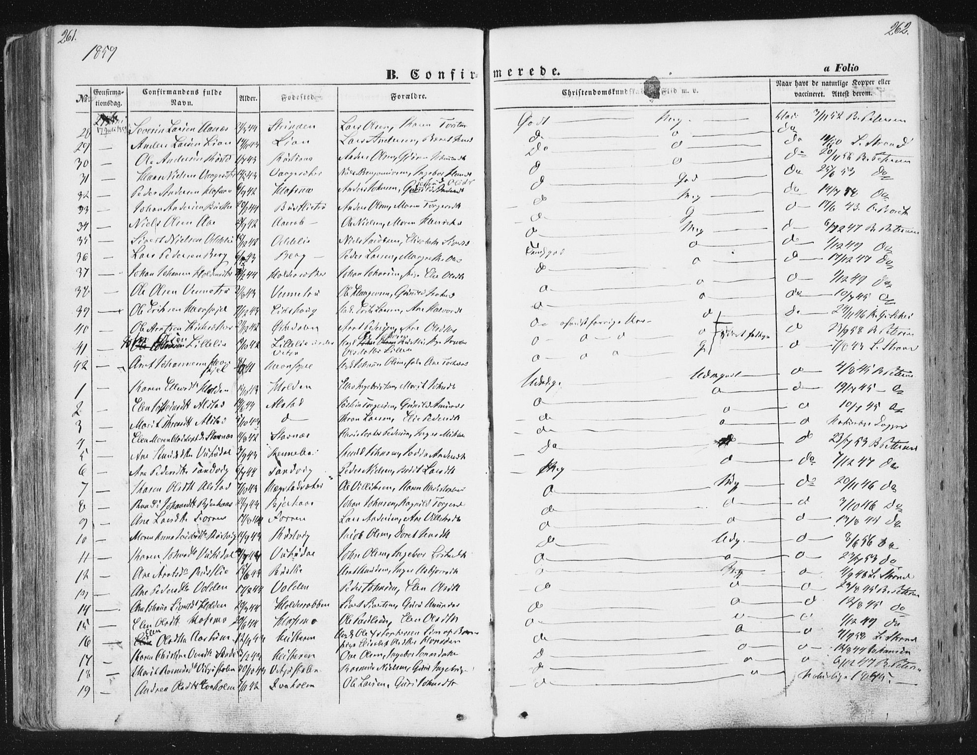 Ministerialprotokoller, klokkerbøker og fødselsregistre - Sør-Trøndelag, AV/SAT-A-1456/630/L0494: Parish register (official) no. 630A07, 1852-1868, p. 261-262