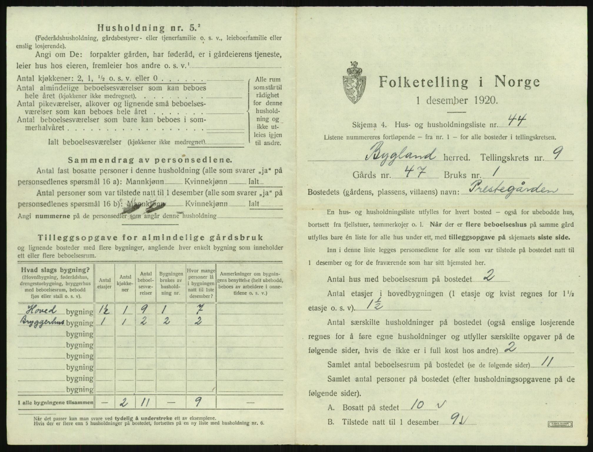 SAK, 1920 census for Bygland, 1920, p. 555