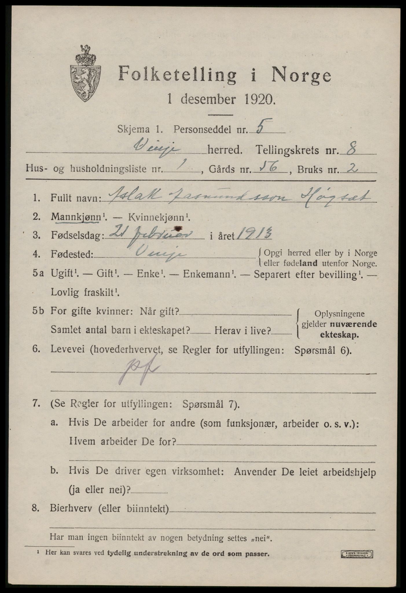 SAKO, 1920 census for Vinje, 1920, p. 2205