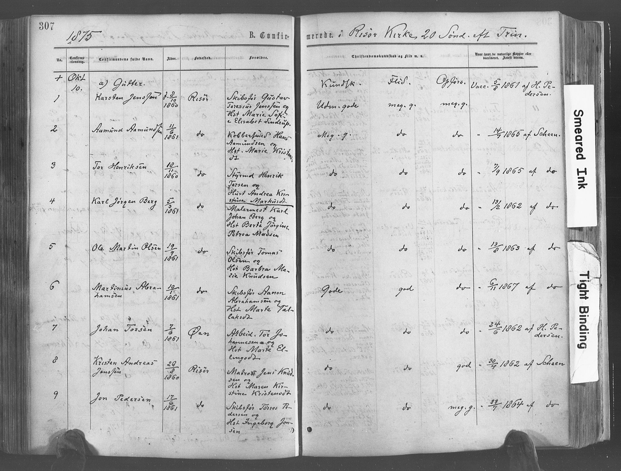 Risør sokneprestkontor, SAK/1111-0035/F/Fa/L0004: Parish register (official) no. A 4, 1865-1882, p. 307
