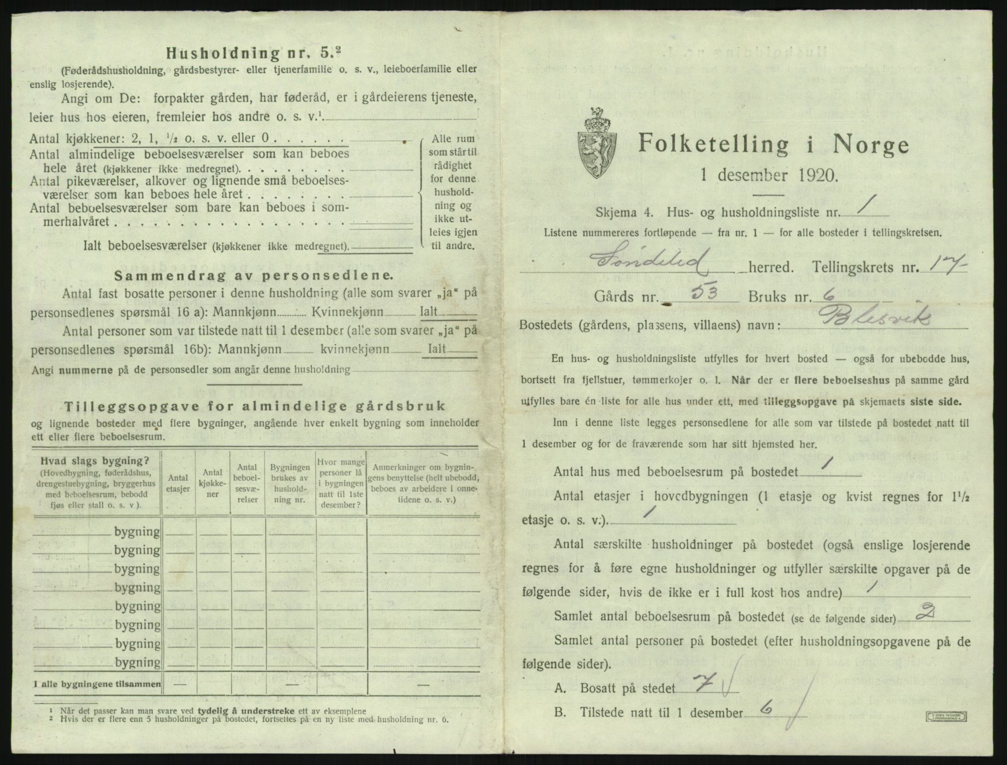 SAK, 1920 census for Søndeled, 1920, p. 1259