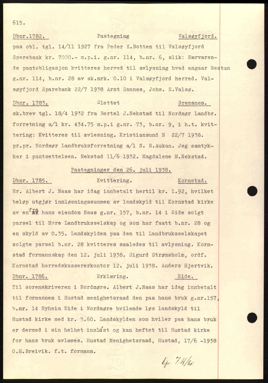 Nordmøre sorenskriveri, AV/SAT-A-4132/1/2/2Ca: Mortgage book no. C80, 1936-1939, Diary no: : 1782/1938