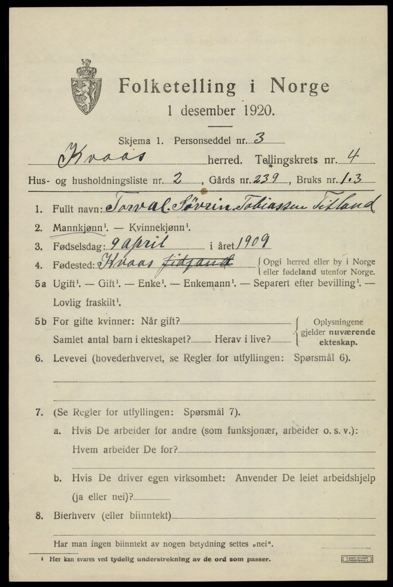 SAK, 1920 census for Kvås, 1920, p. 1178