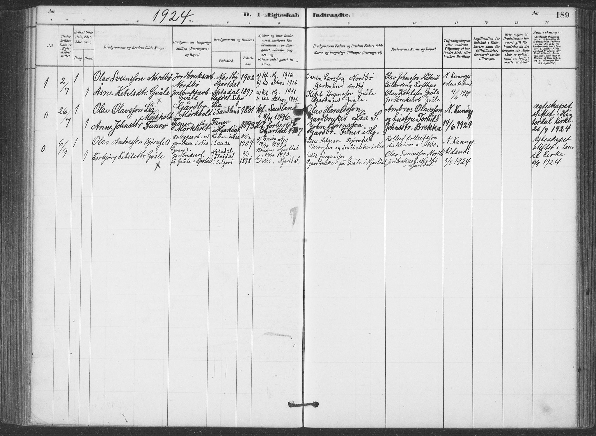 Hjartdal kirkebøker, SAKO/A-270/F/Fa/L0010: Parish register (official) no. I 10, 1880-1929, p. 189