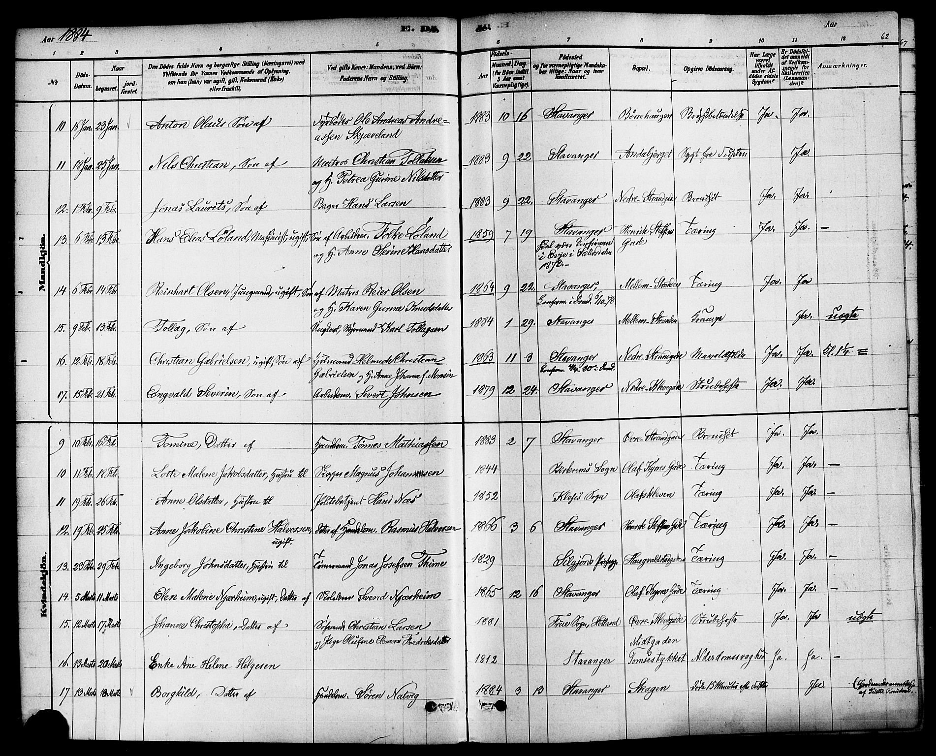 Domkirken sokneprestkontor, AV/SAST-A-101812/001/30/30BA/L0027: Parish register (official) no. A 26, 1878-1896, p. 62