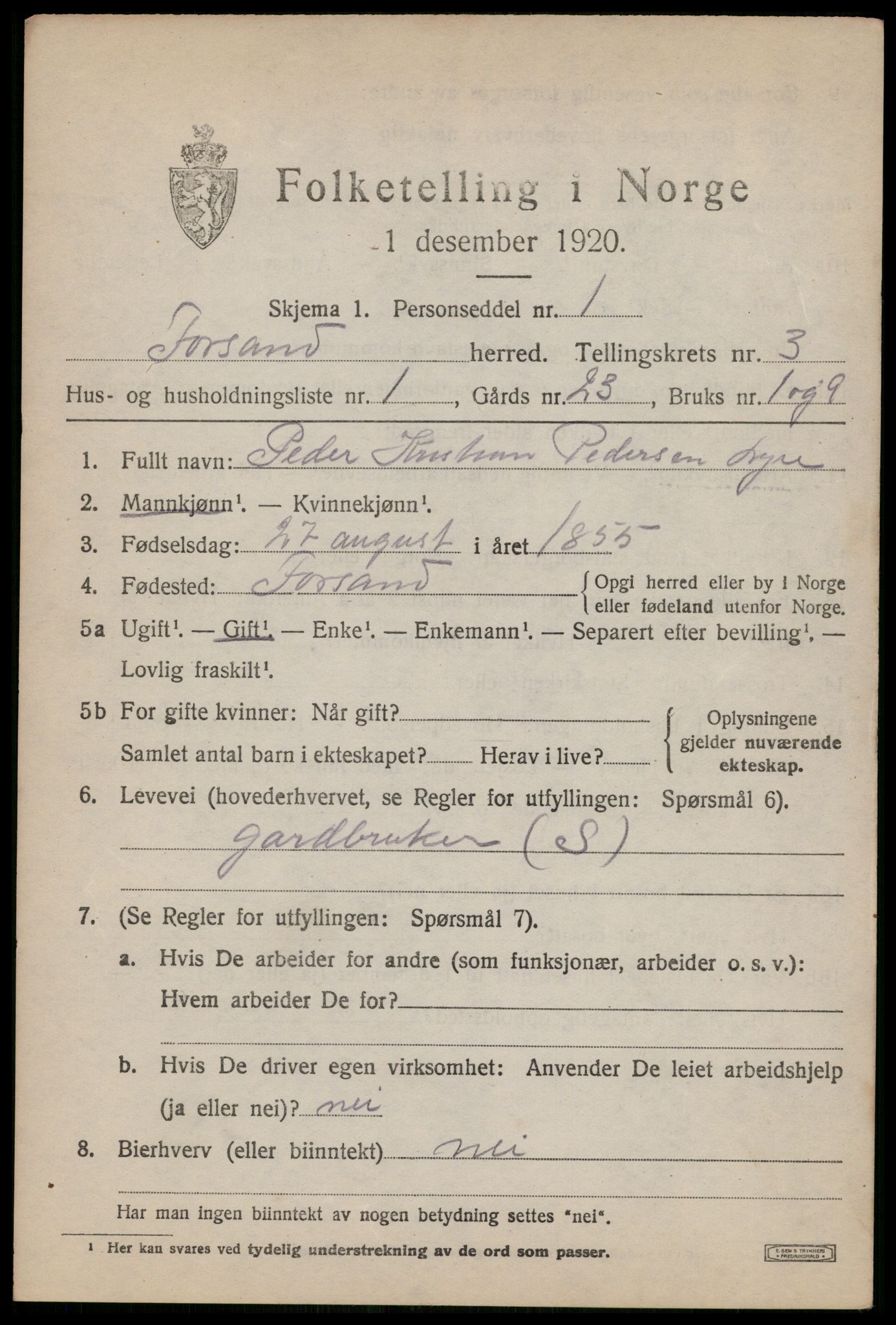 SAST, 1920 census for Forsand, 1920, p. 1423