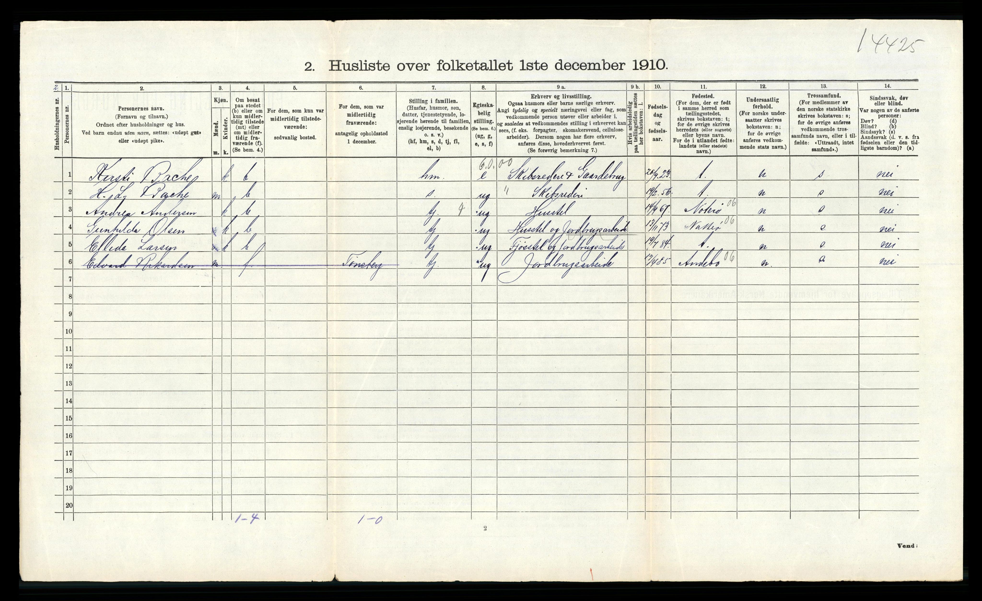 RA, 1910 census for Tjøme, 1910, p. 214