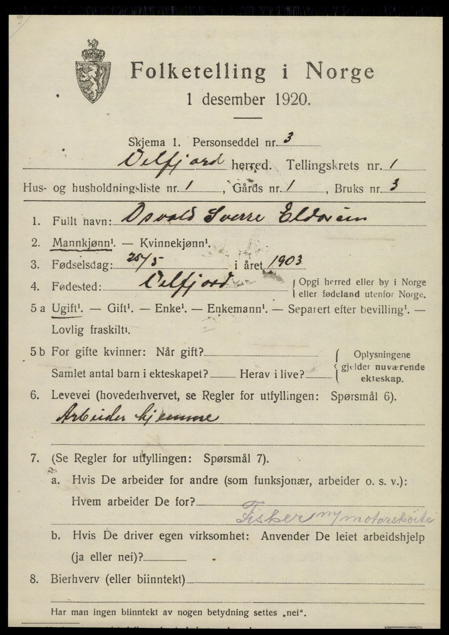 SAT, 1920 census for Velfjord, 1920, p. 587