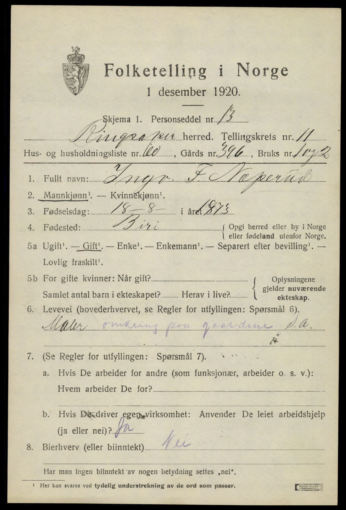 SAH, 1920 census for Ringsaker, 1920, p. 19064