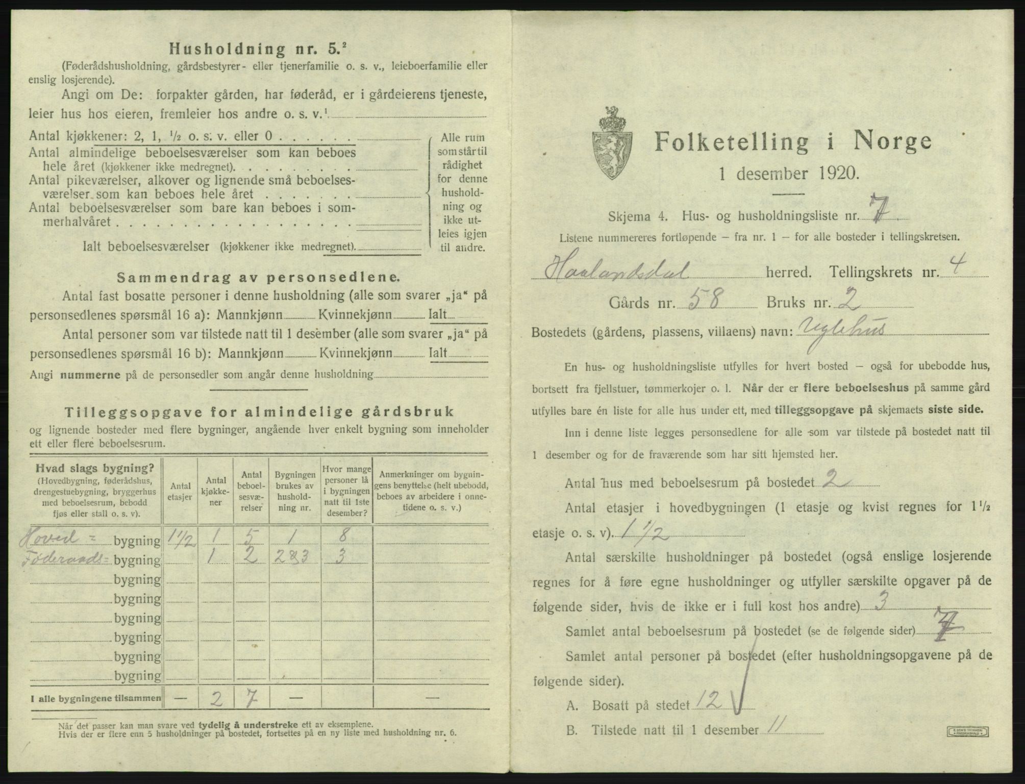 SAB, 1920 census for Hålandsdal, 1920, p. 134