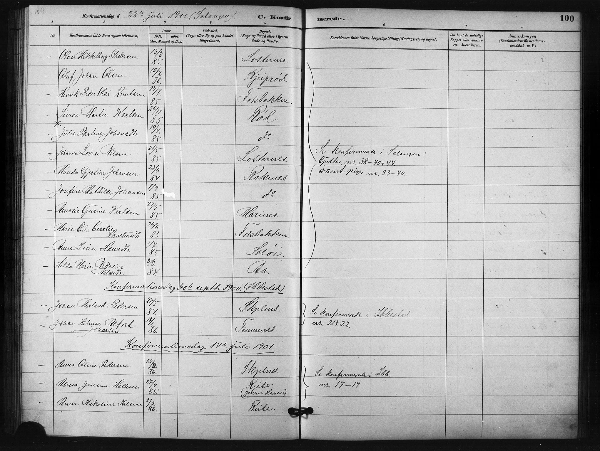 Salangen sokneprestembete, SATØ/S-1324/H/Ha/L0001klokker: Parish register (copy) no. 1, 1893-1910, p. 100